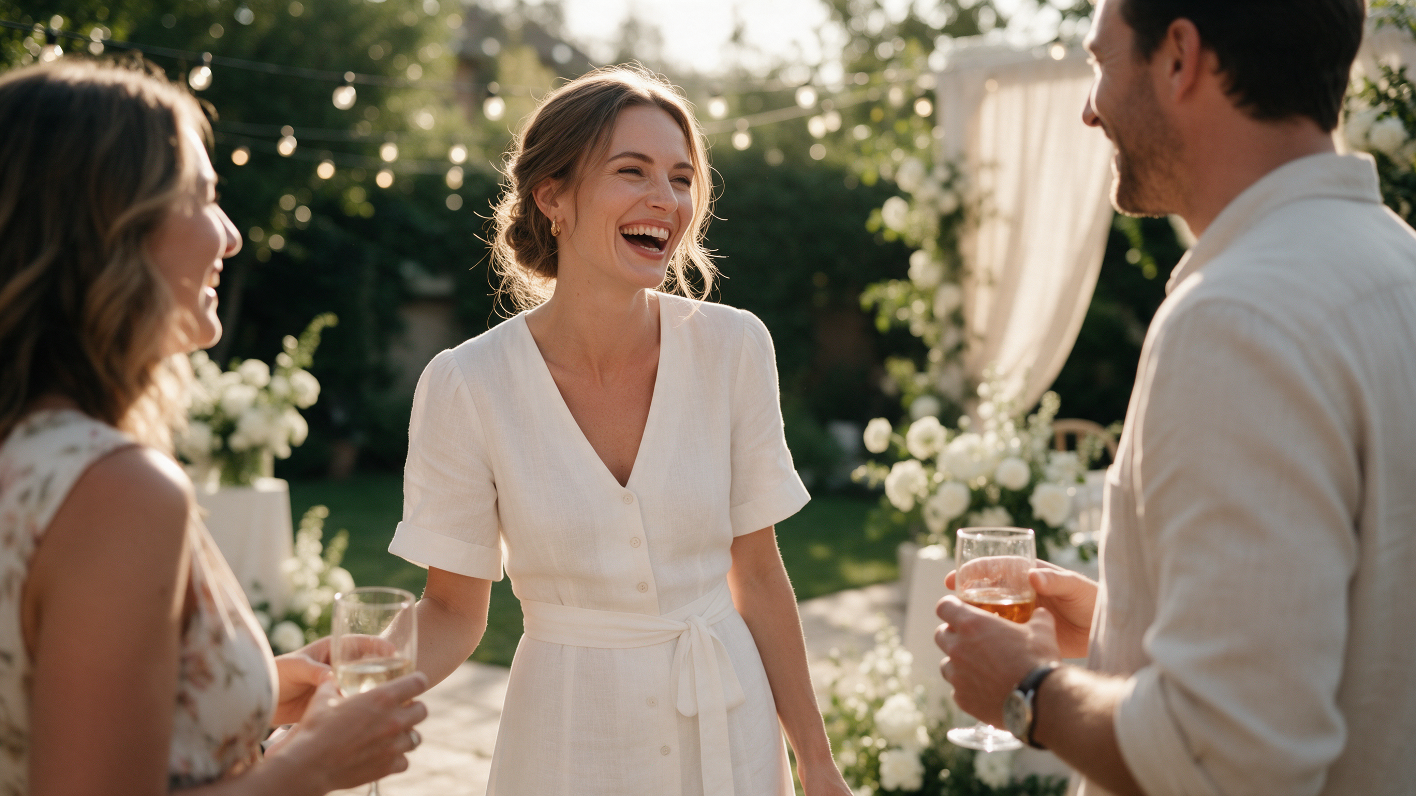 White lace dress wedding outfit — wedding guest in a white lace midi dress holding a champagne glass while talking with the bride in a garden venue