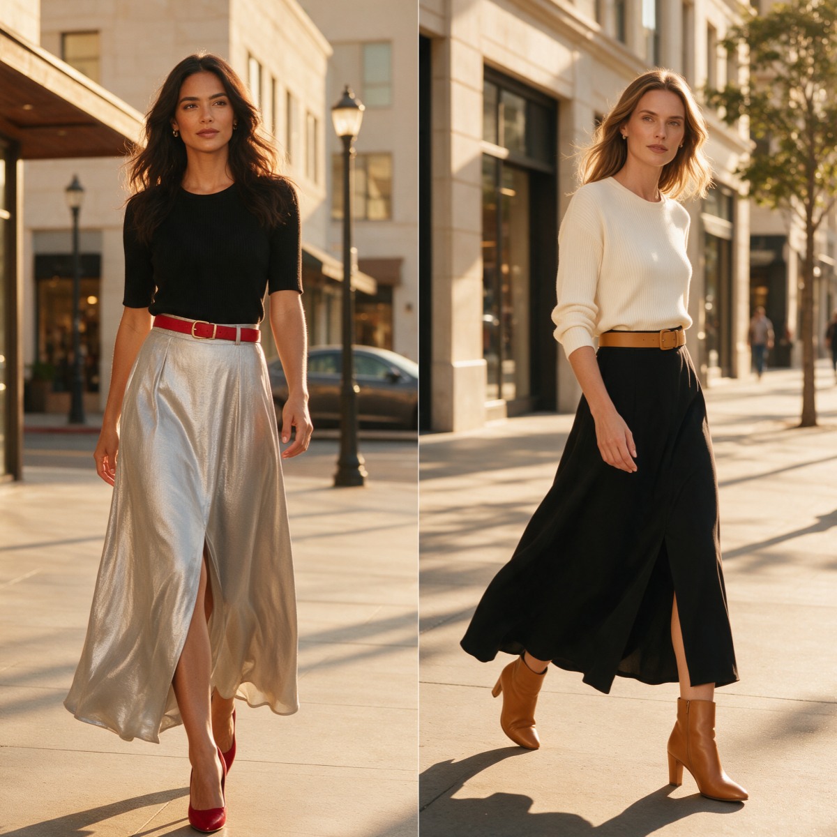 Petite-friendly long skirt outfit formulas styled for a shorter frame