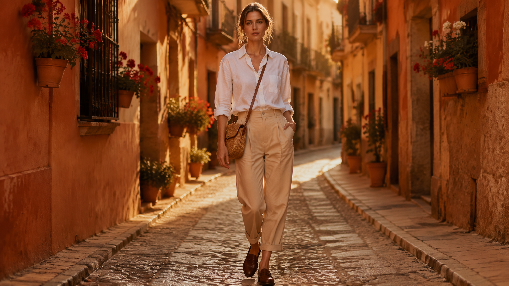 Flat lay of Spanish casual chic staples including a linen shirt, lightweight blazer, wide-leg jeans, midi dress, and loafers
