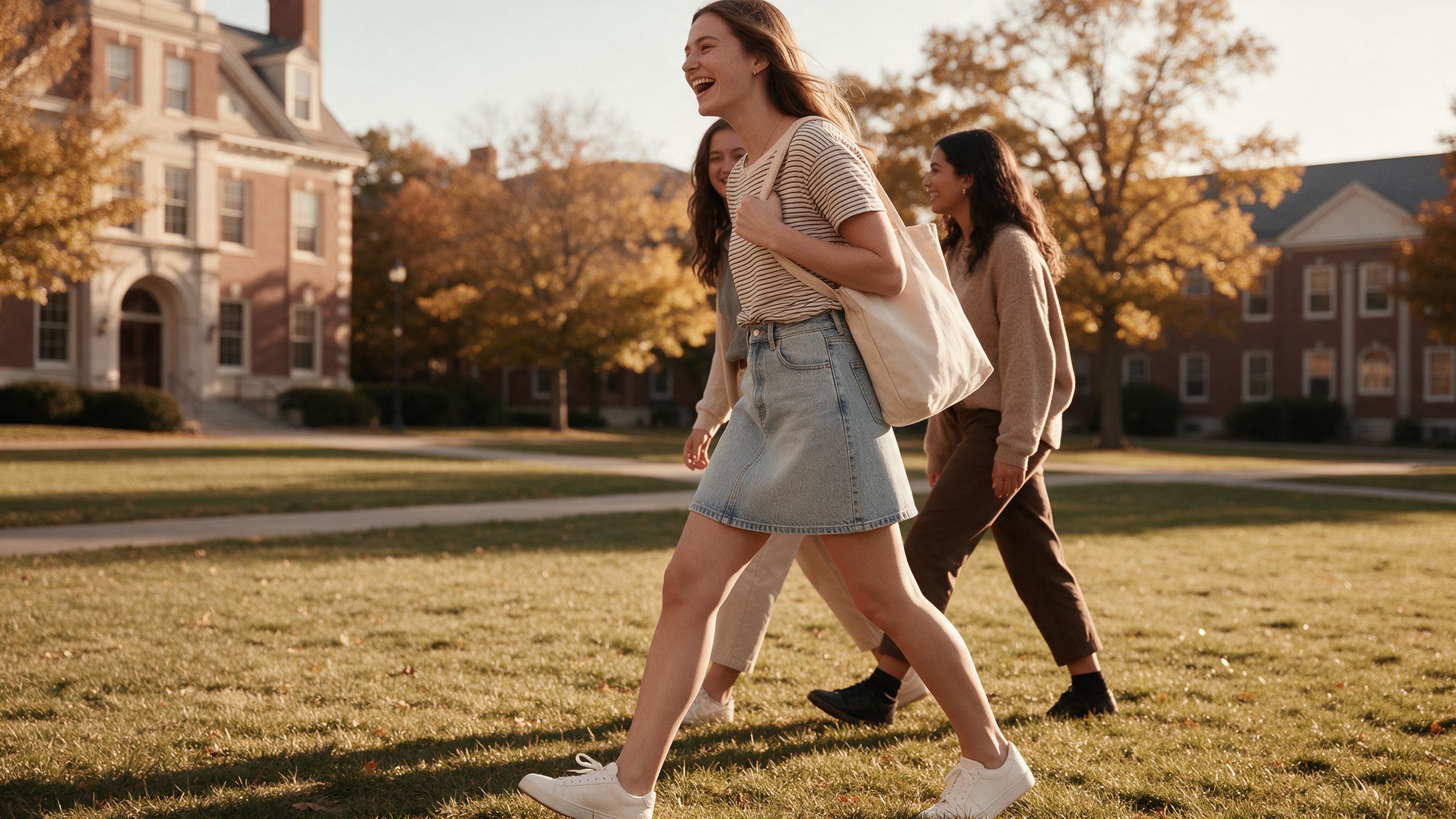Denim A-line skirt styled for a college campus with a tucked striped tee, sneakers, and a canvas tote
