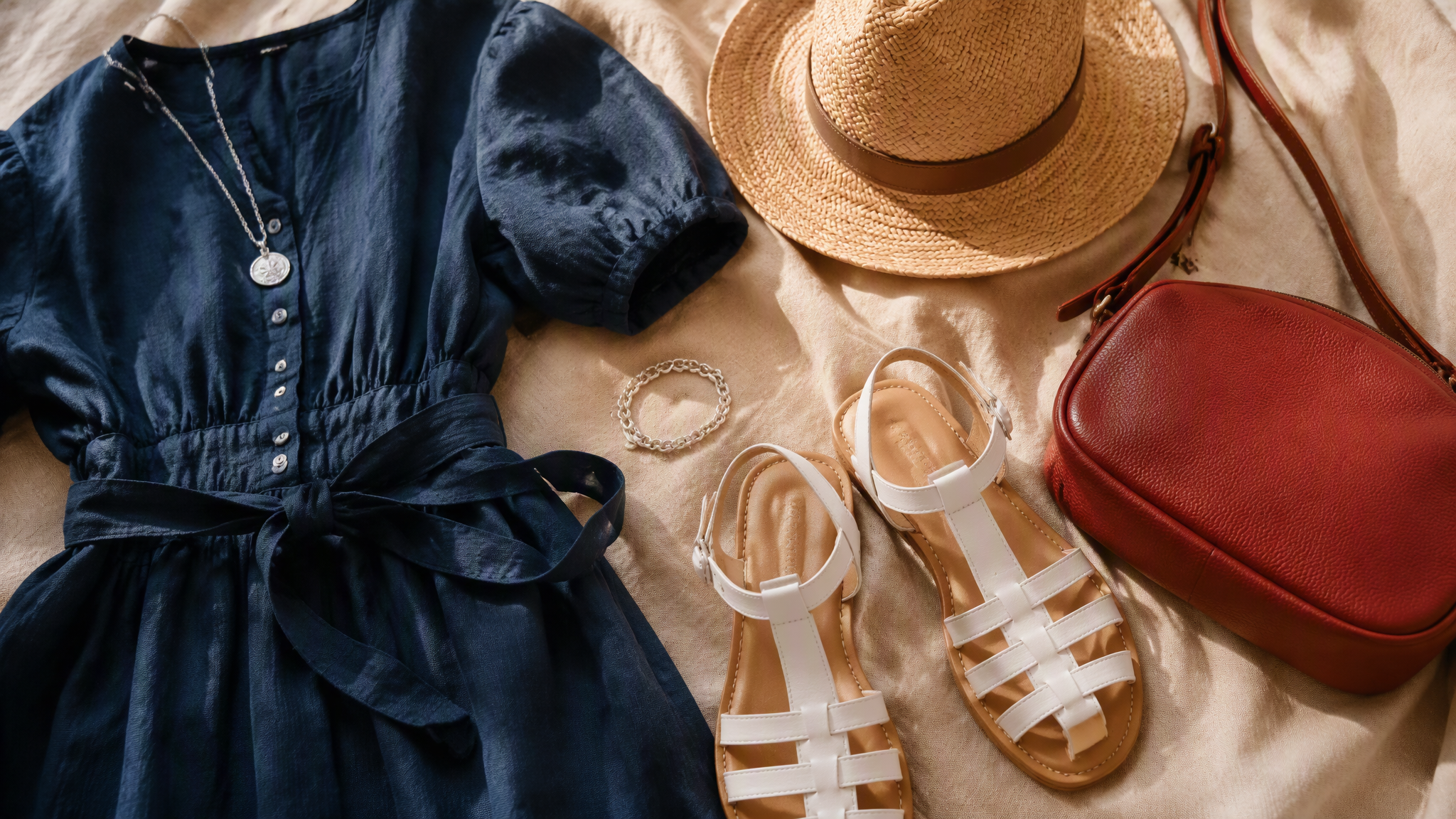 Aegean blue linen dress with gladiator sandals and gold cuff, styled for a Greek island ferry day.