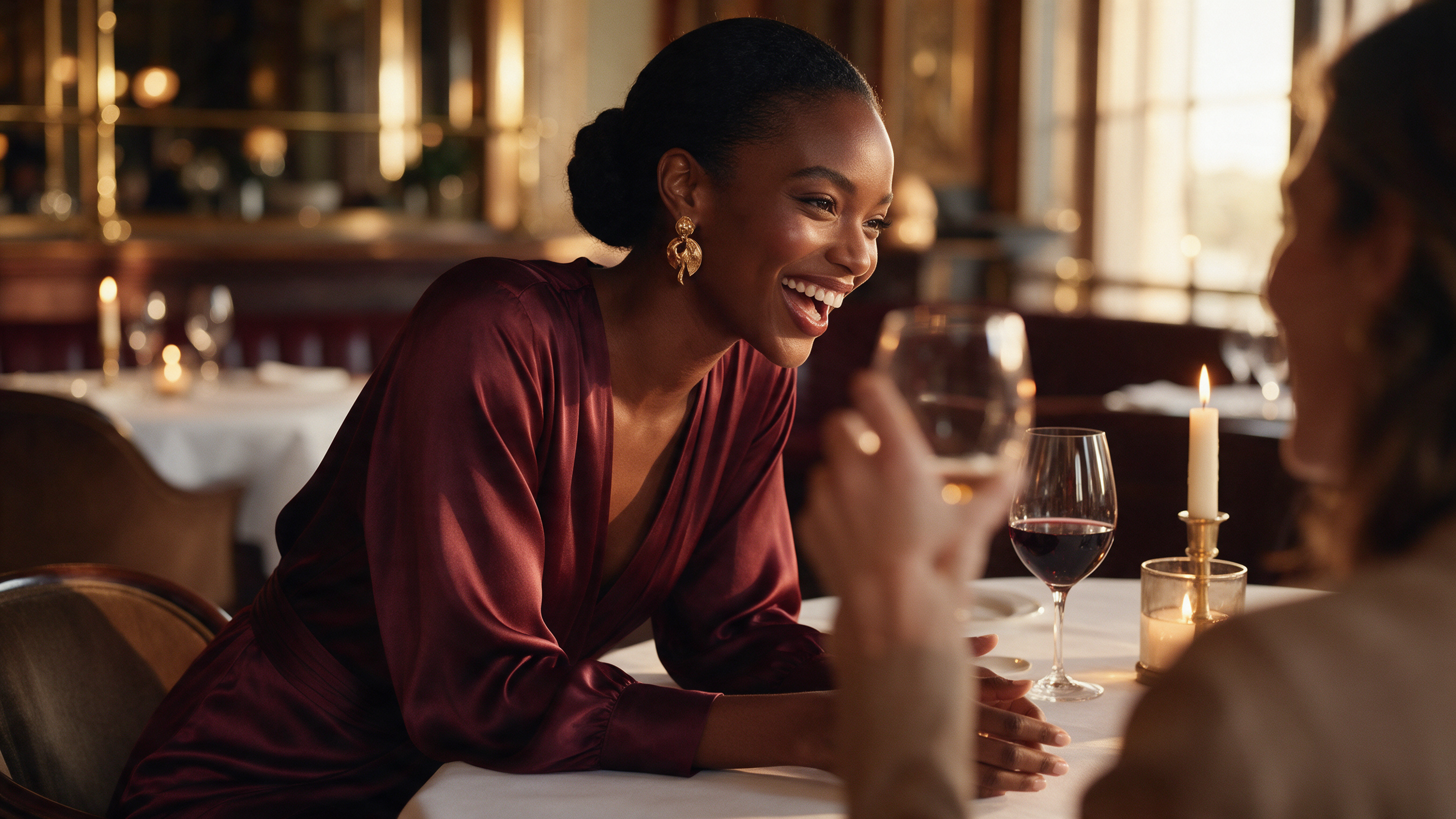 Deep burgundy silk midi dress styled for an elegant restaurant dinner look