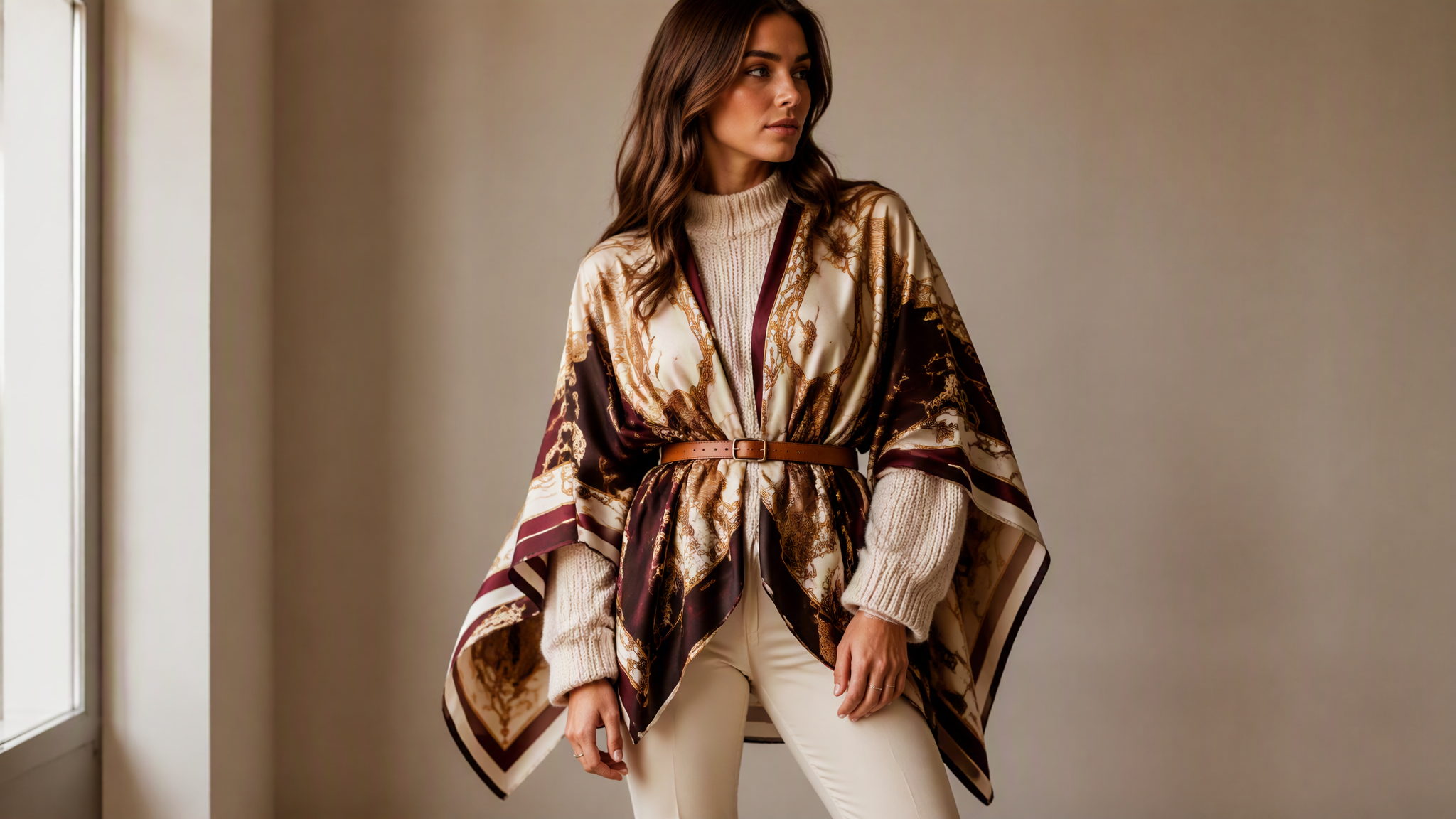 A woman wearing a beige oversized blanket scarf draped over a camel wool coat and cream knit dress, standing in an autumn park with golden falling leaves.