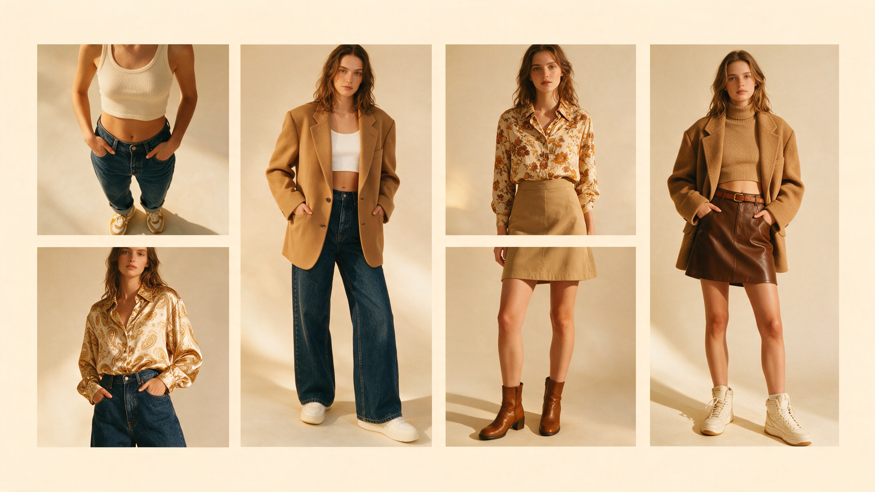 A curated flat lay of modern vintage outfits including a slip dress, oversized blazer, high-waisted trousers, and vintage accessories on a warm beige background