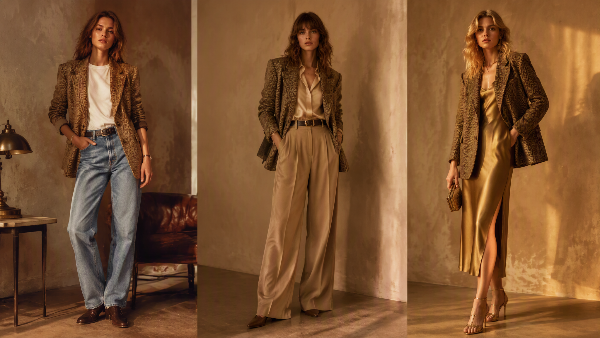 A woman holding a vintage blazer in front of a mirror while a smartphone app shows three AI-generated outfit options on the screen