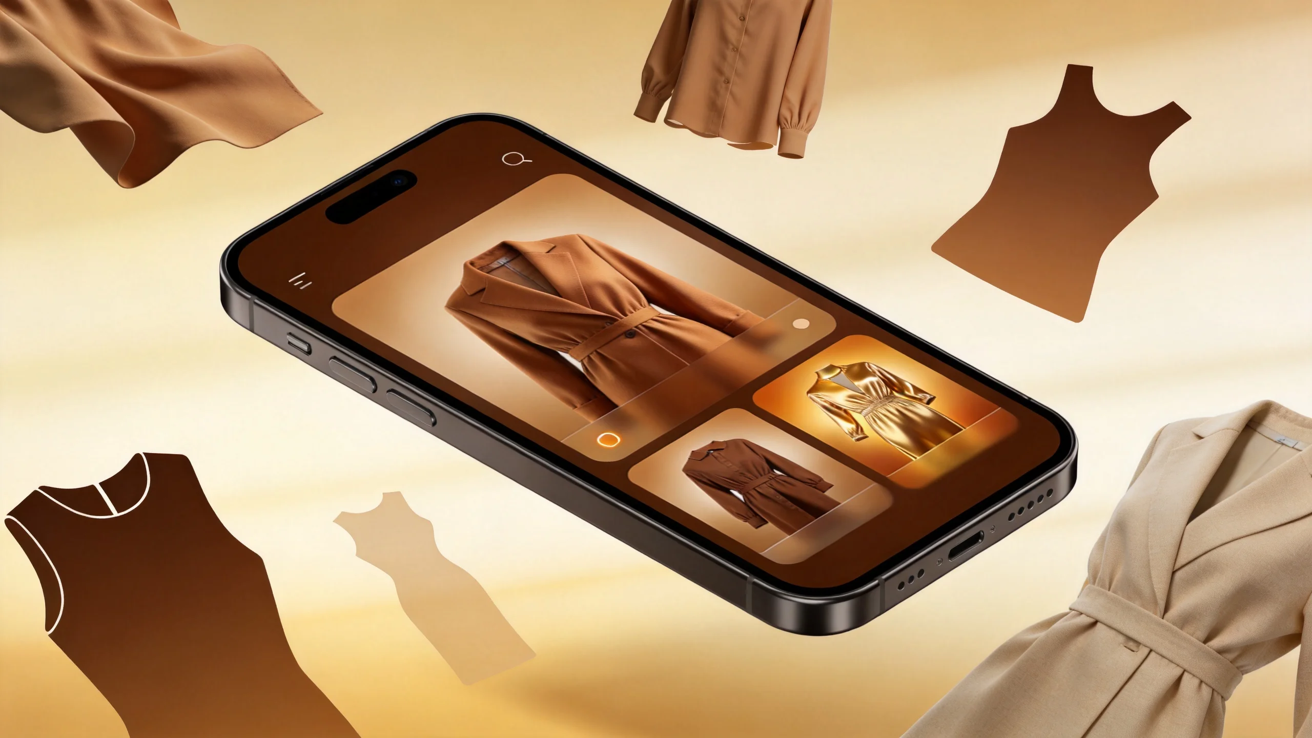 AI styling app interface showing professional outfit recommendations with mix-and-match wardrobe items, color coordination suggestions, and occasion-based filters on a smartphone screen