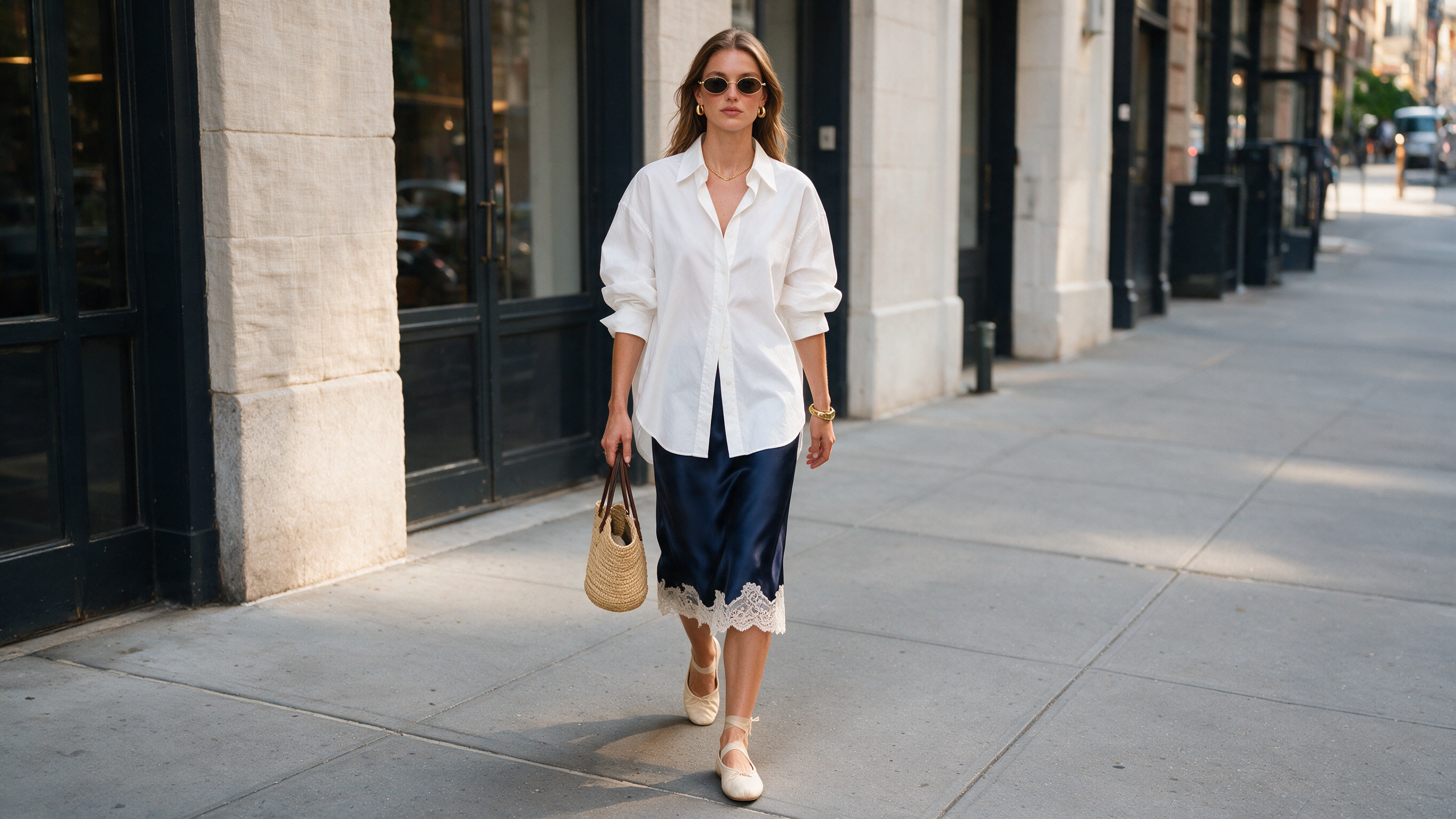 The Lace-Trim Satin Skirt & Oversized Shirt