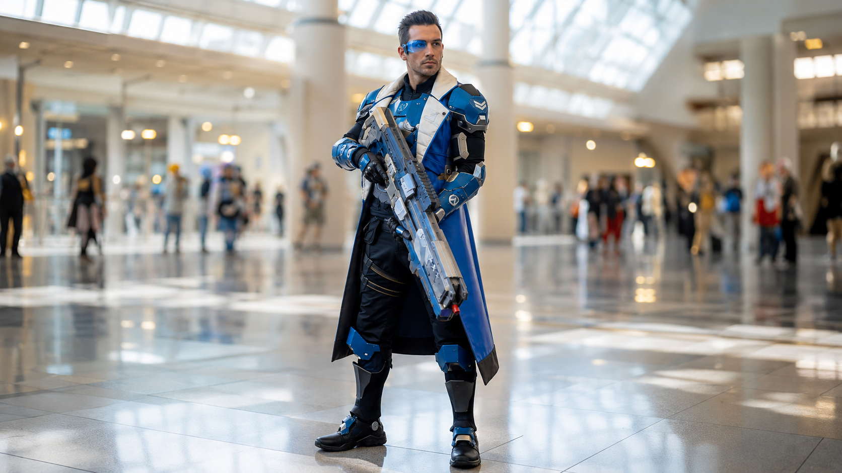 Man in a higher-energy BlizzCon 2026 look: futuristic tactical sci-fi hero armor, using a cobalt blue, white, black, and metallic gray color palette.