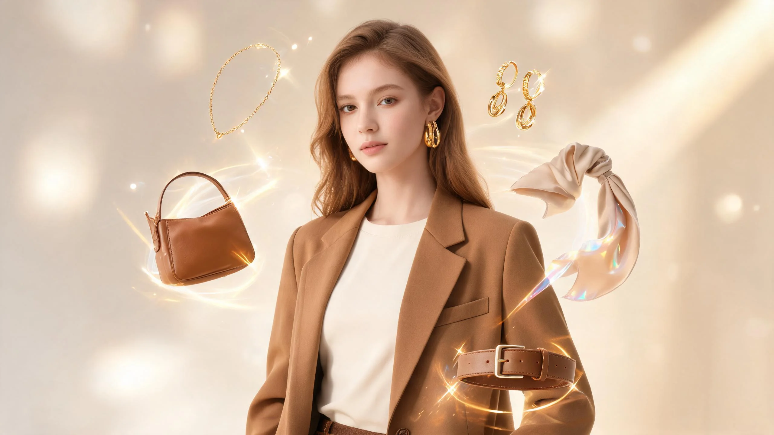 Woman using AI fashion app on smartphone to virtually try on gold hoop earrings and layered necklaces with a camel blazer outfit