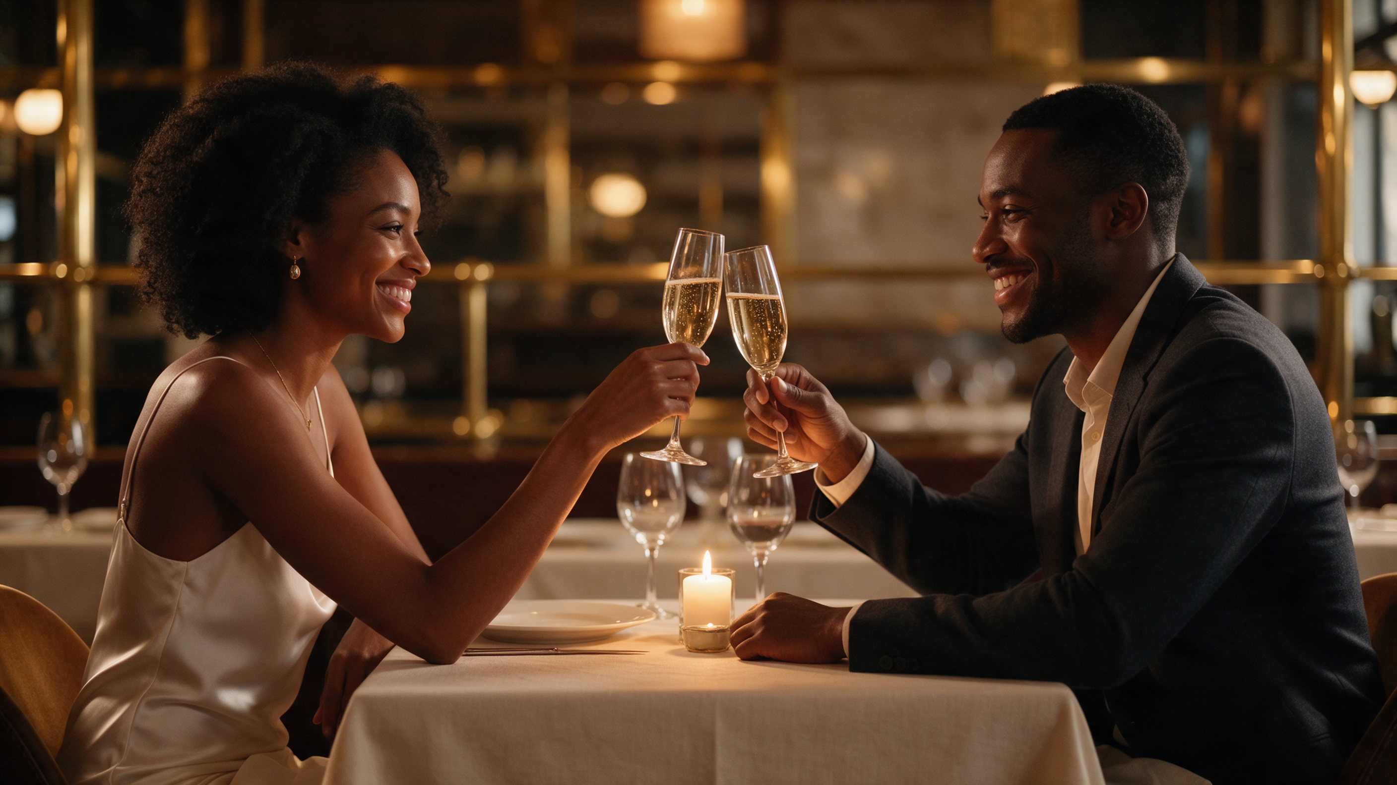 White satin dress restaurant dinner outfit — woman in a white satin slip dress being handed a glass of wine by her partner at a candlelit restaurant table