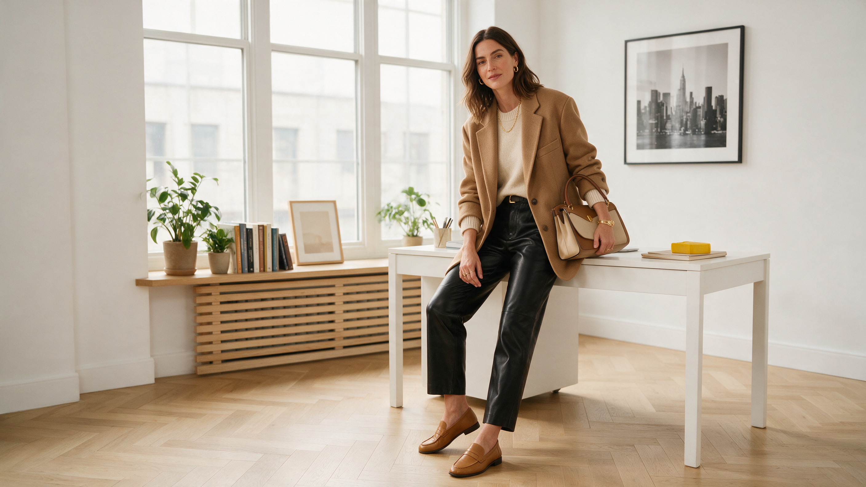Woman in camel blazer and chocolate trousers walking in a modern office hallway