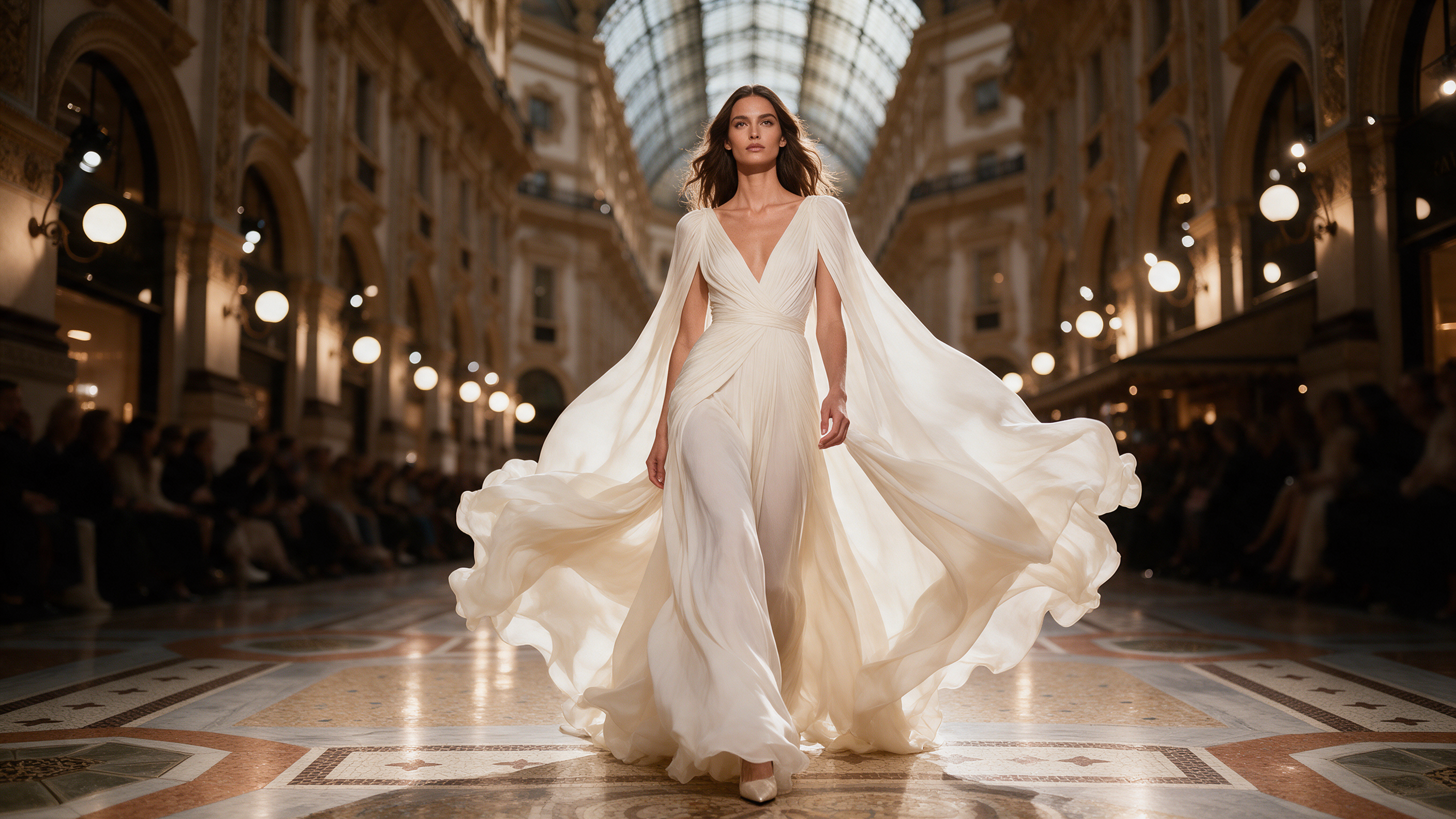 Vogue World Milano 2026 white dress runway atmosphere — elegant white gown under the glass arcade of Galleria Vittorio Emanuele II