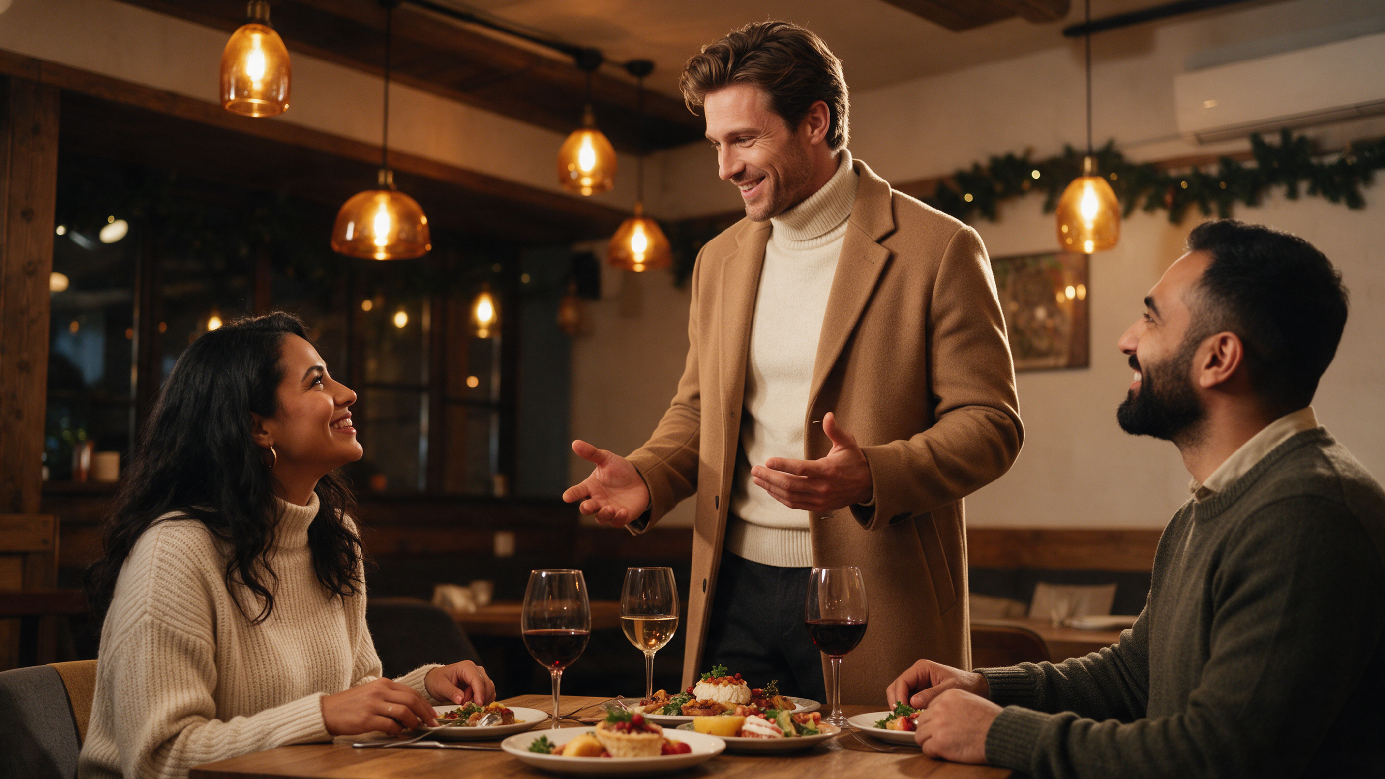 Main model in a cream rollneck sweater and camel overcoat chatting with friends at a festive holiday dinner