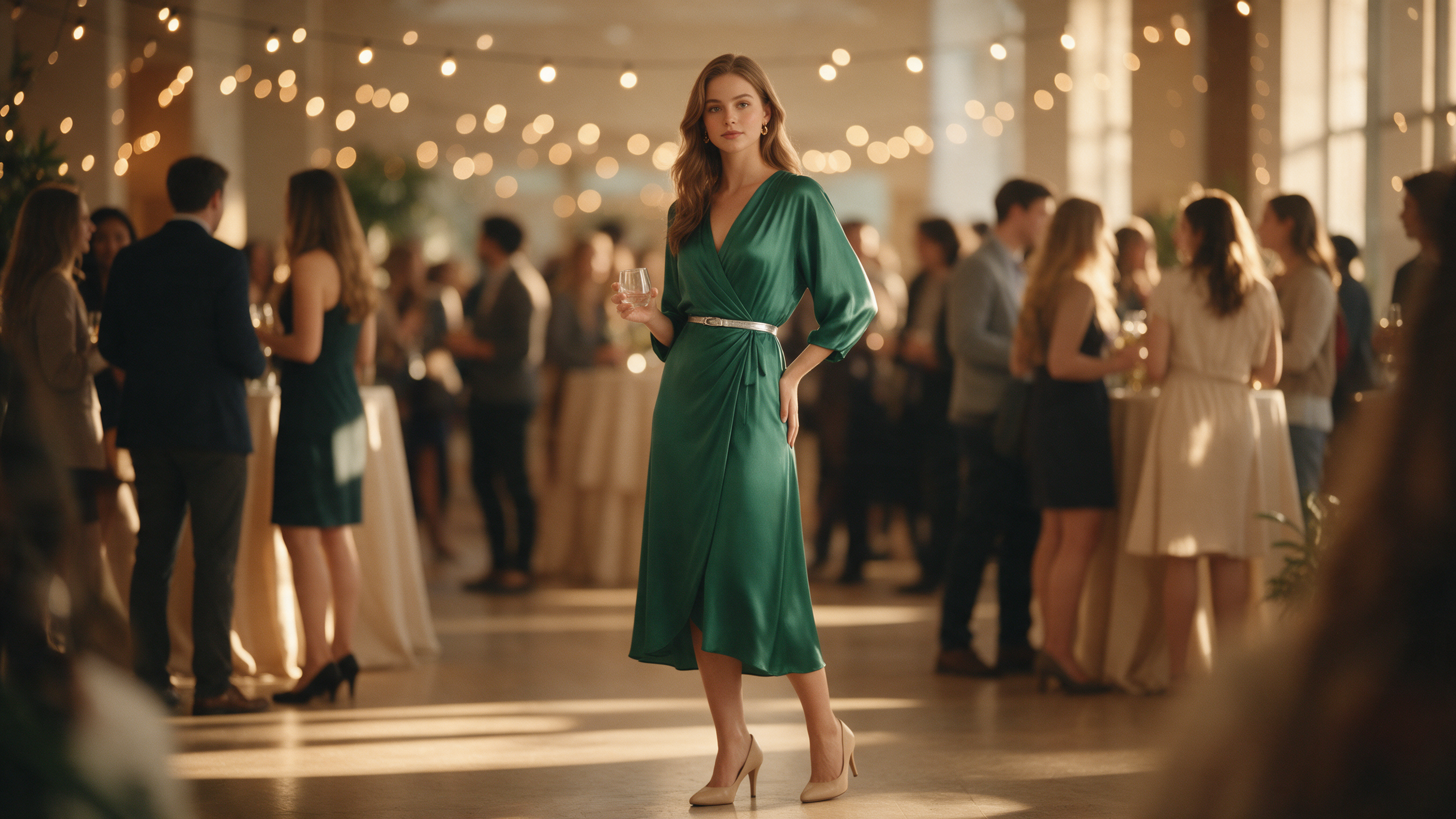 Classic cocktail look: emerald silk wrap midi dress with low block heels at an evening college welcome party