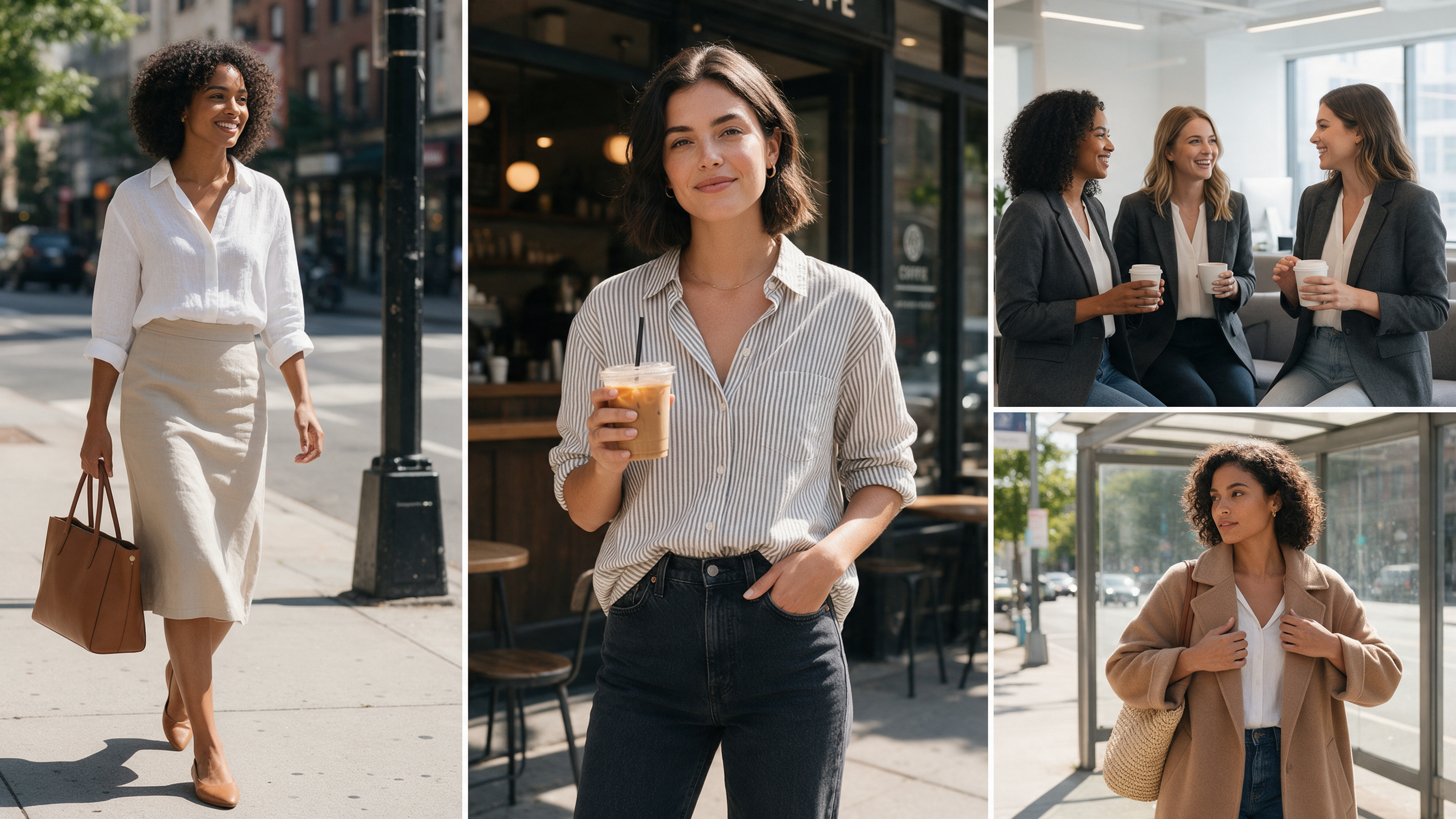 Summer weekend look from the capsule wardrobe: striped button-down shirt, dark straight-leg jeans, and white sneakers outside a coffee shop