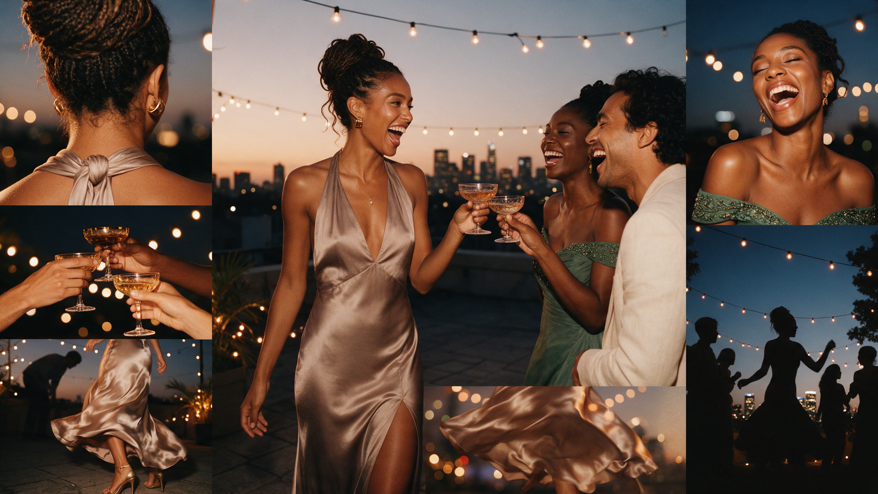 Women in evening halter and off-shoulder dresses raising glasses at a rooftop party at dusk — nighttime dress styling with statement earrings