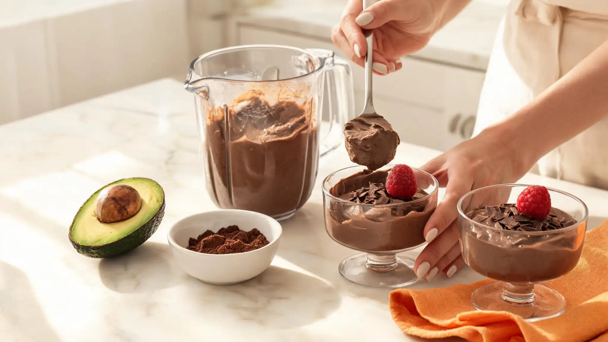 A bright spread of healthy dark chocolate desserts on a table