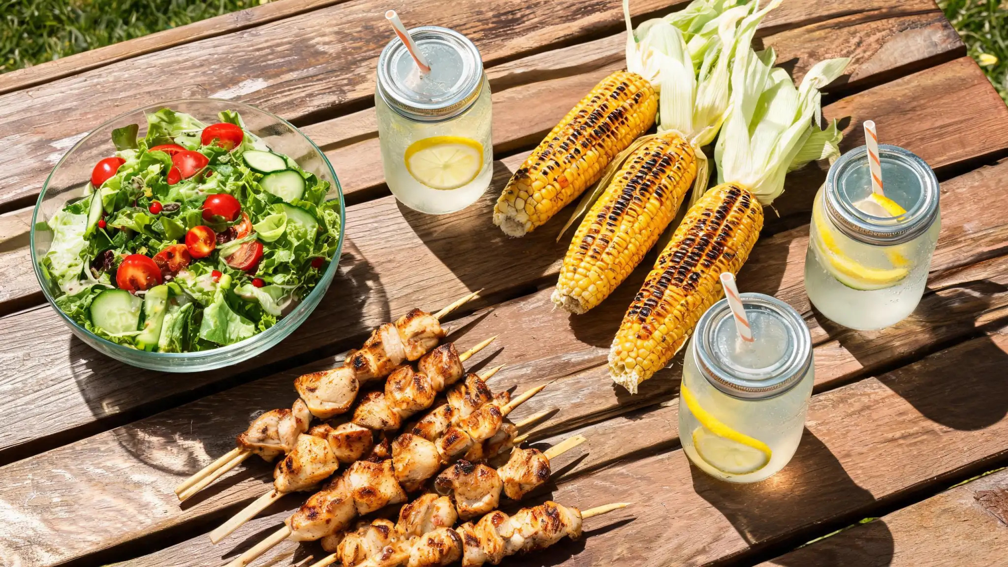 Summer BBQ grilling spread on a backyard table