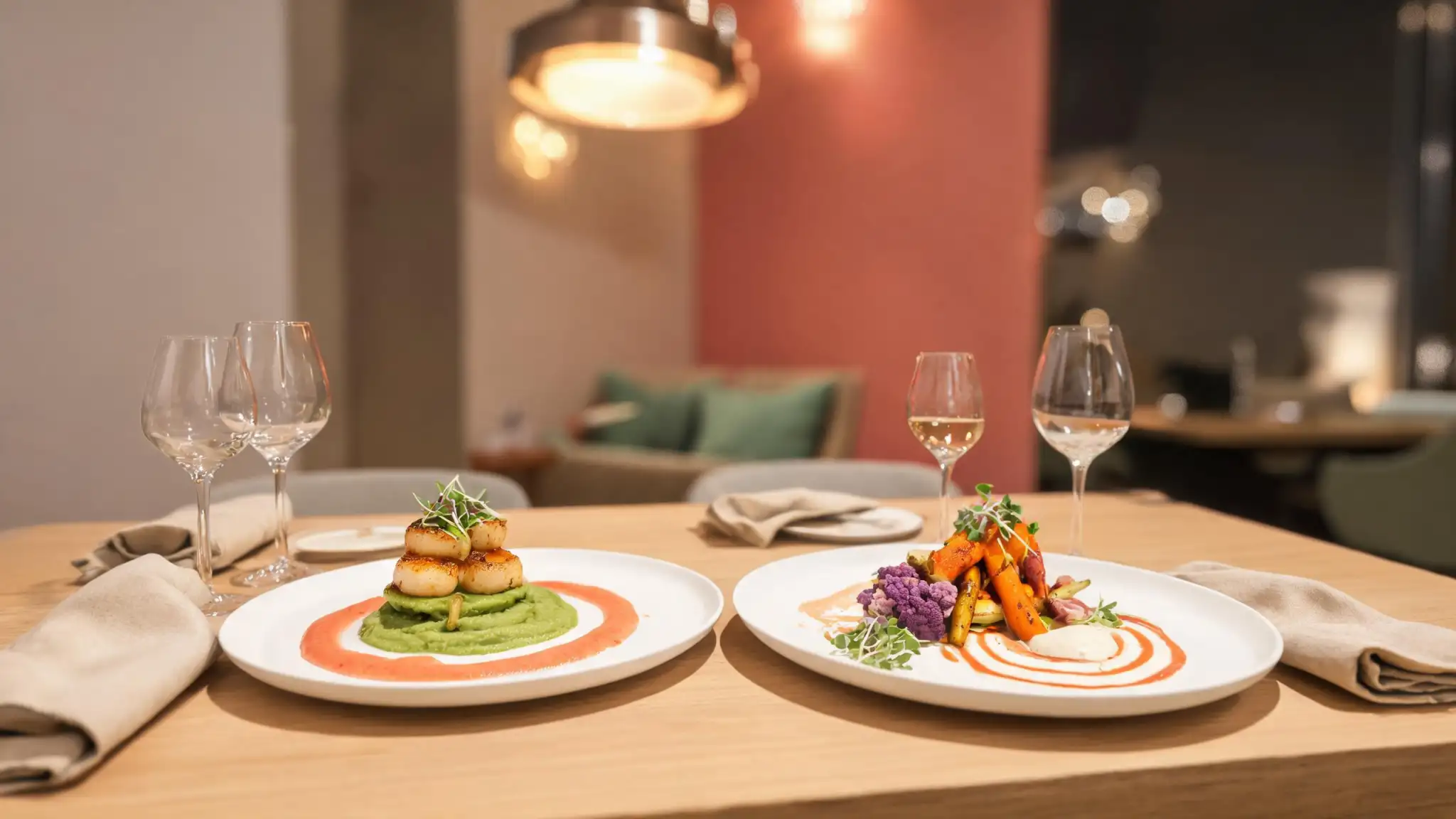 Elegant plated dishes served in a warm restaurant-style setting