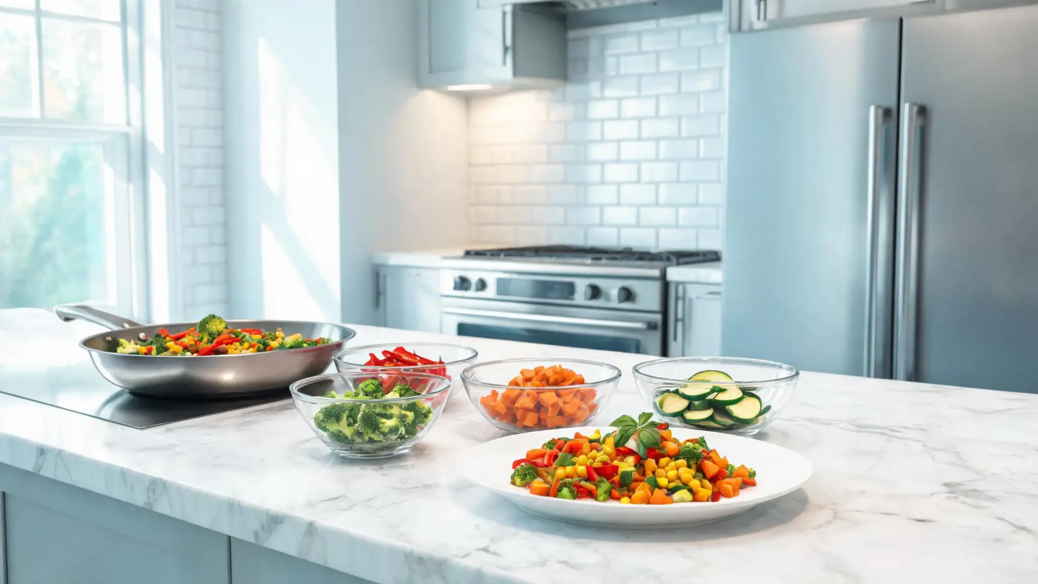 Cooking process and finished creative dinner dishes in a home kitchen