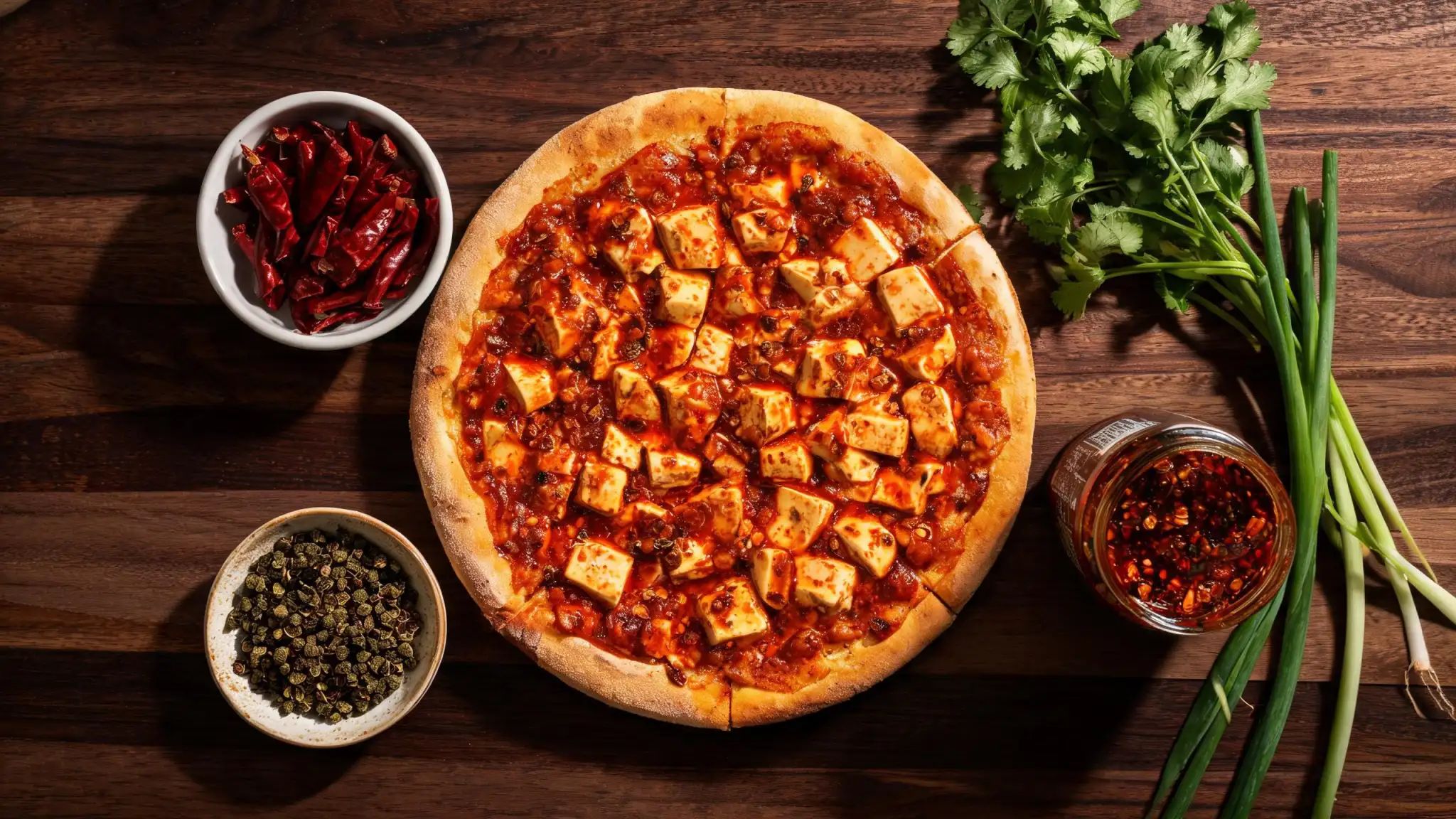 Mapo tofu pizza ingredients flat-lay: doubanjiang, silken tofu, Sichuan peppercorns, mozzarella and dough