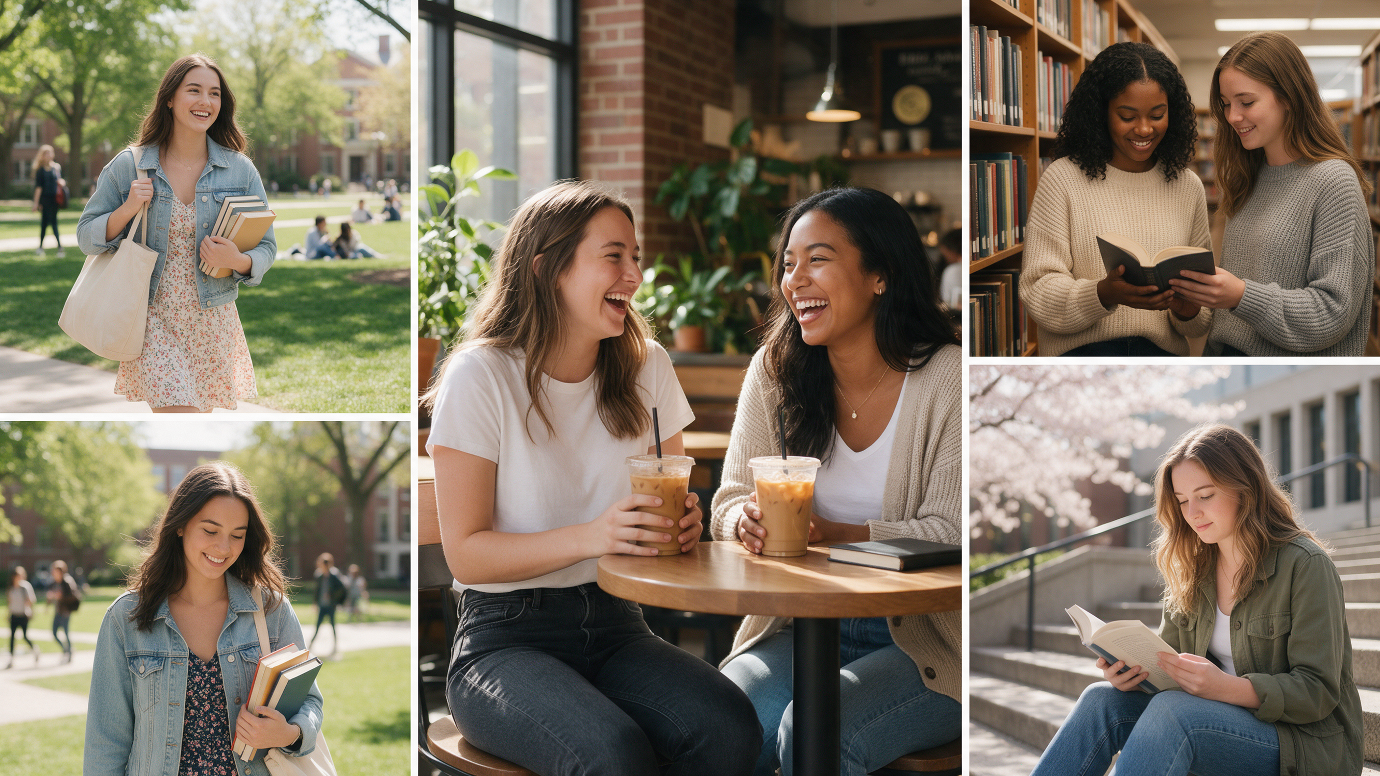 Spring college outfit from the $500 capsule wardrobe: white tee, black A-line mini skirt, camel coat, and white sneakers on a university campus