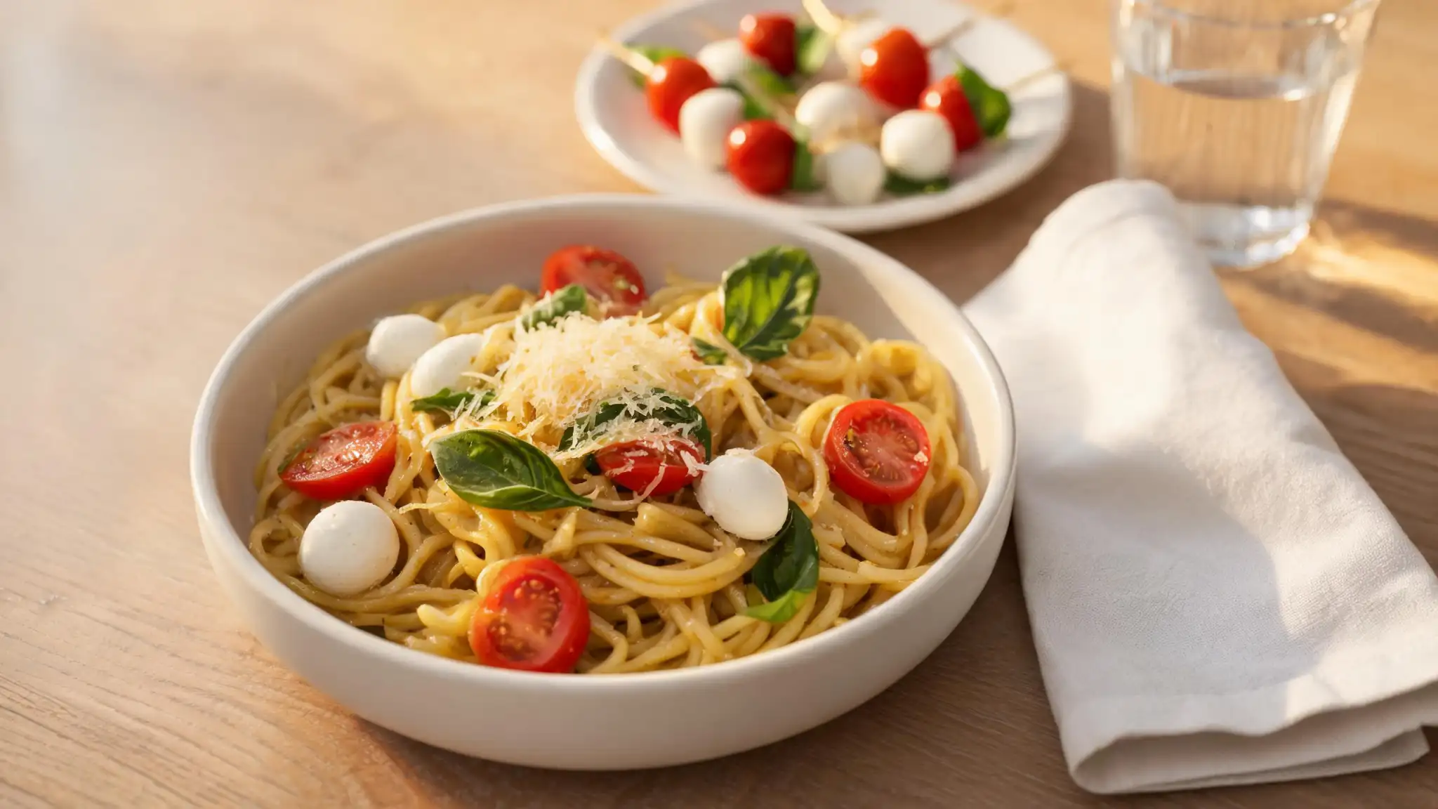 A white bowl of fresh caprese pasta with diced tomatoes and basil on a marble counter