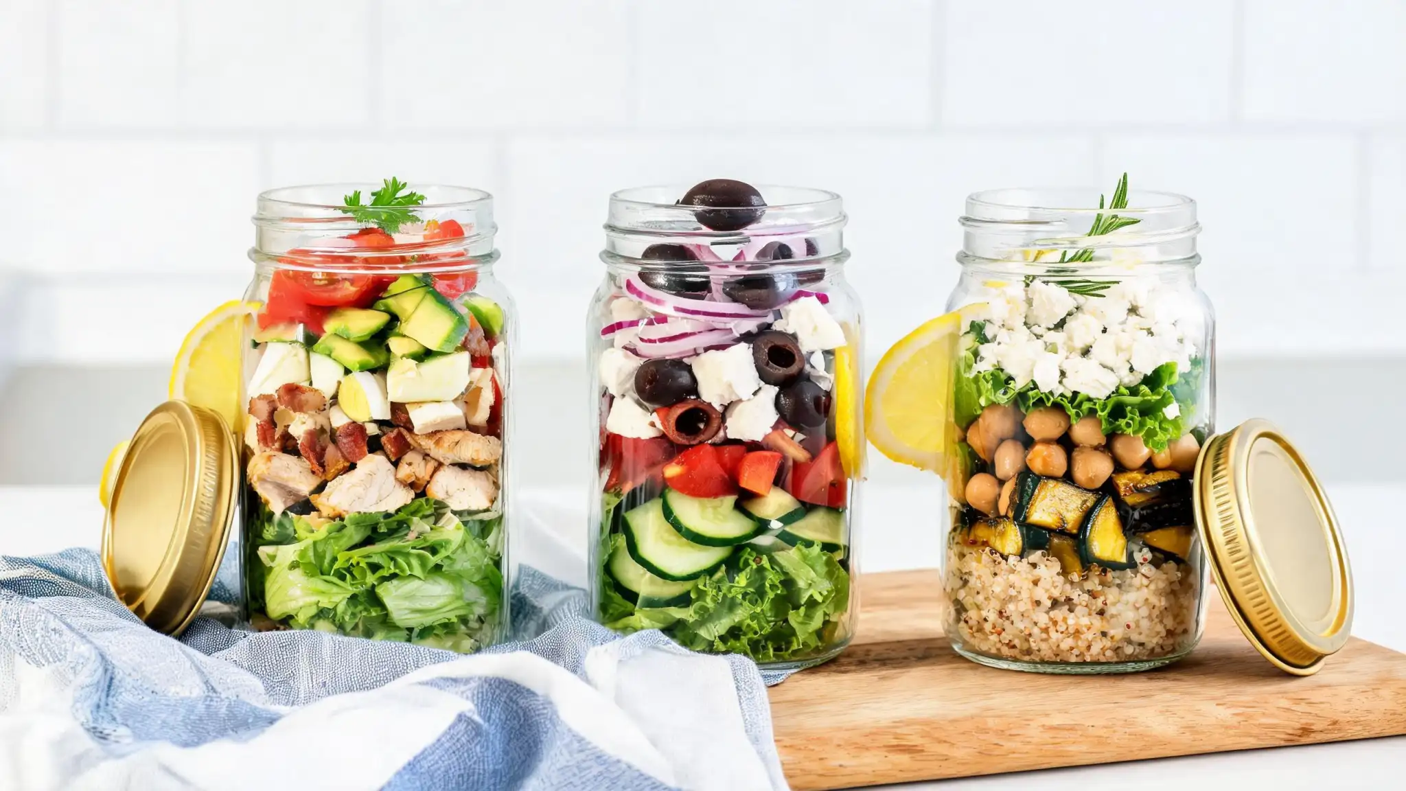 Mason jar salads stored safely in the refrigerator