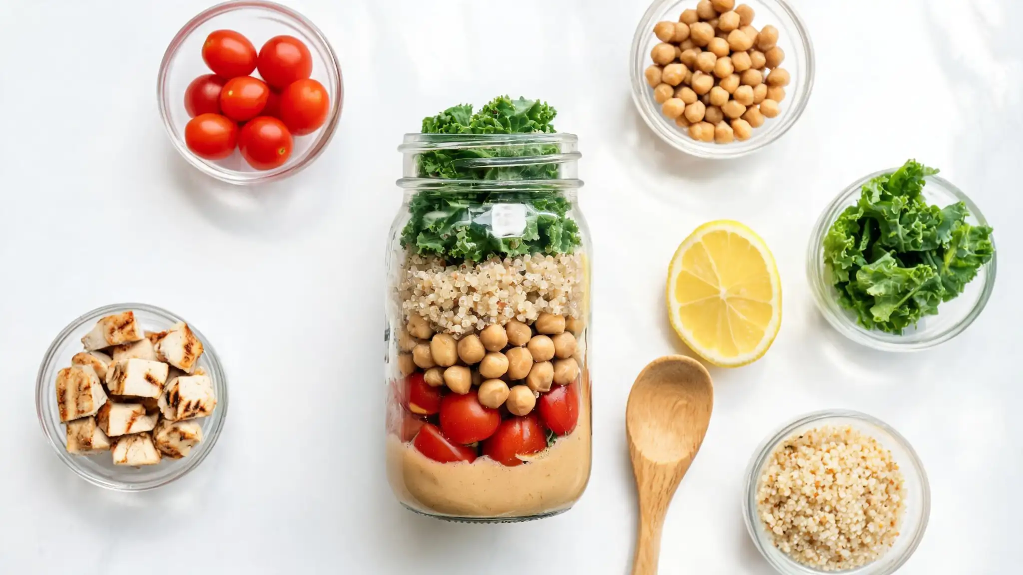 Layered mason jar salad ingredients in a quart jar
