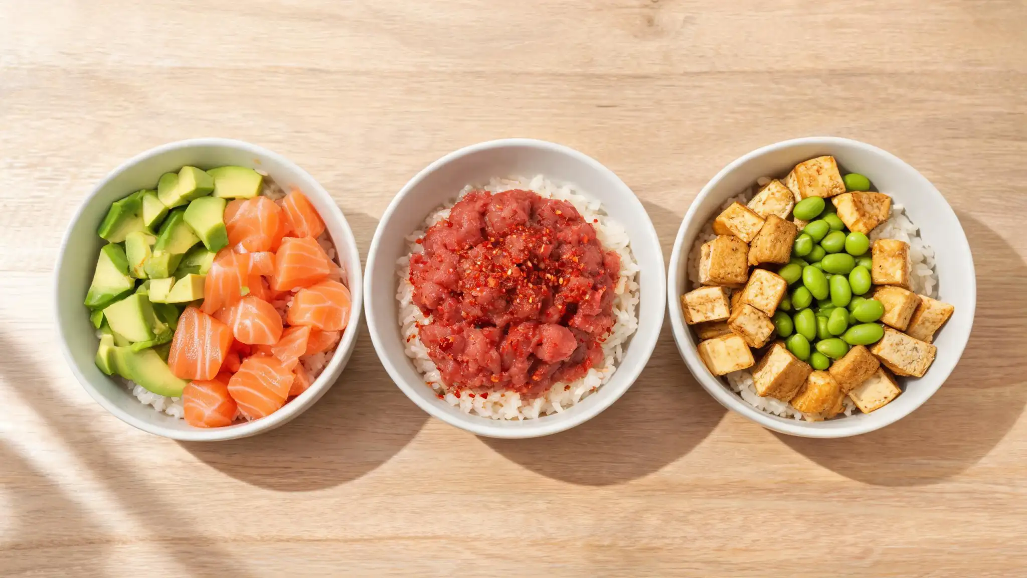 Three colorful Hawaiian poke bowls lined up on a light wood table—salmon, tuna, and tofu—each topped with avocado, vegetables, sesame seeds, and nori, shot from a 45-degree angle in bright natural light.