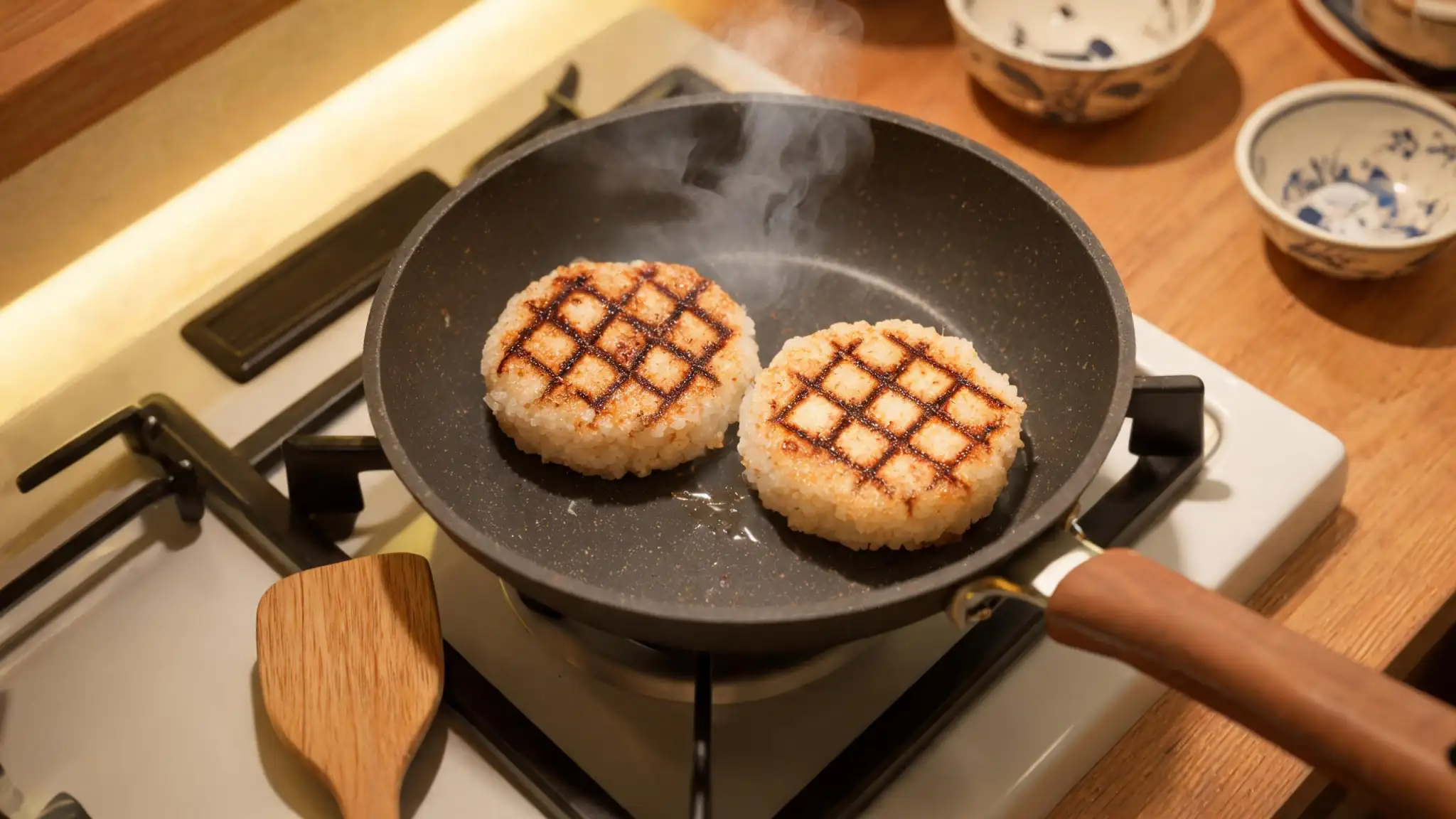 ライスバーガーの成形と焼き方の手順｜保鮮膜で押し固めた米バンズをフライパンで焼く様子