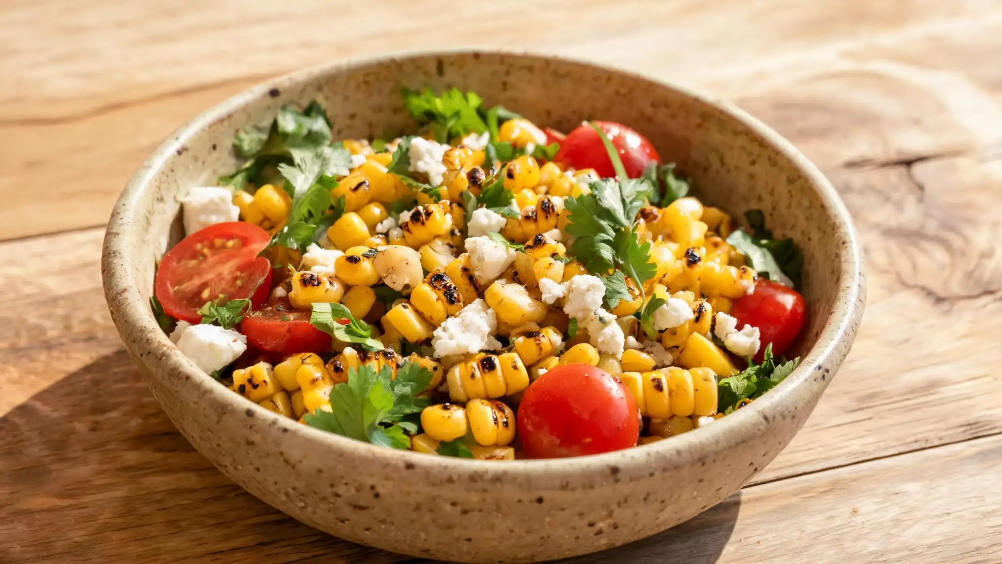 Finished late summer harvest dishes including grilled corn salad and zucchini noodles