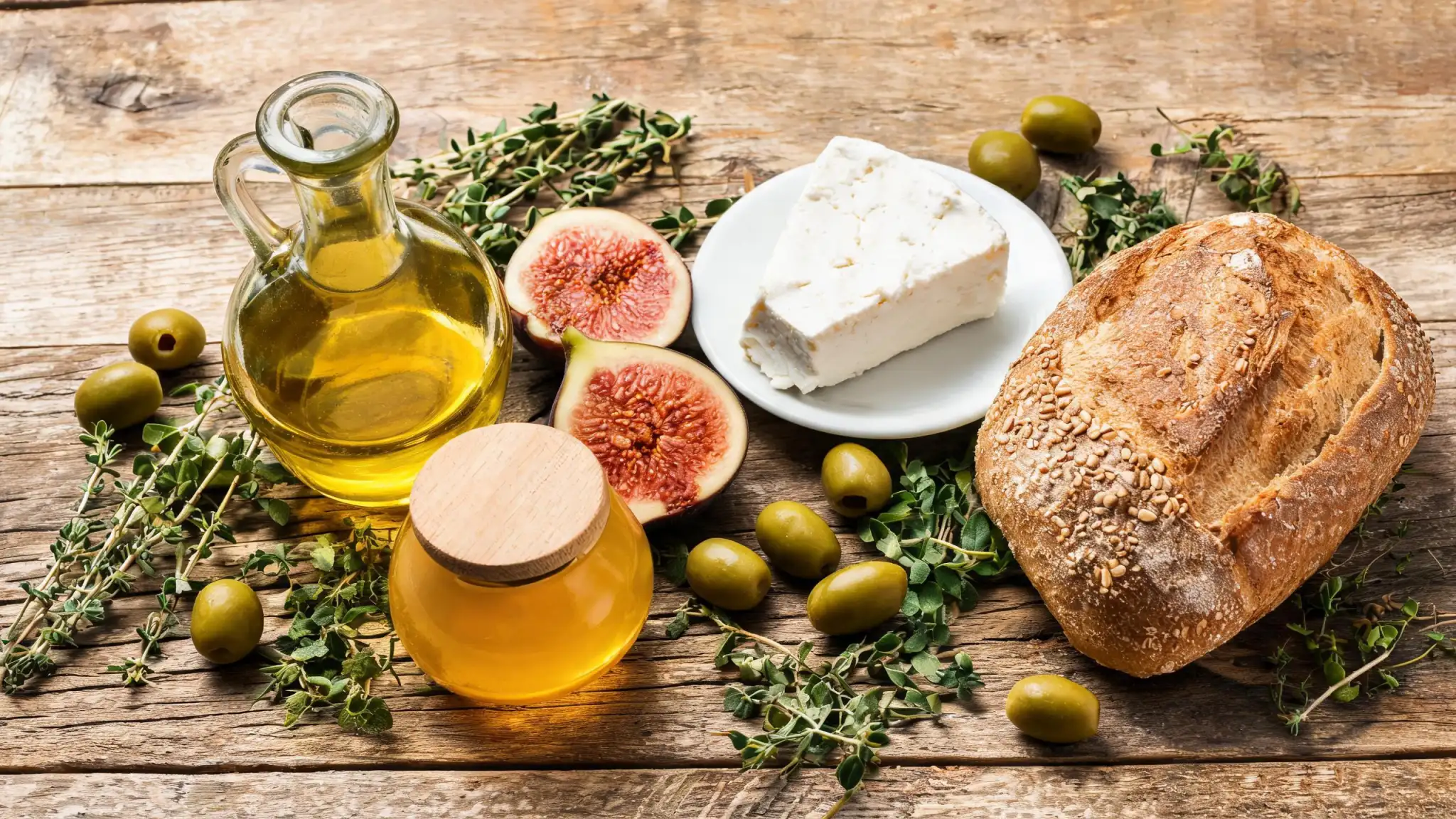 Greek meze spread with olives, feta cubes, spanakopita and fresh herbs on marble.