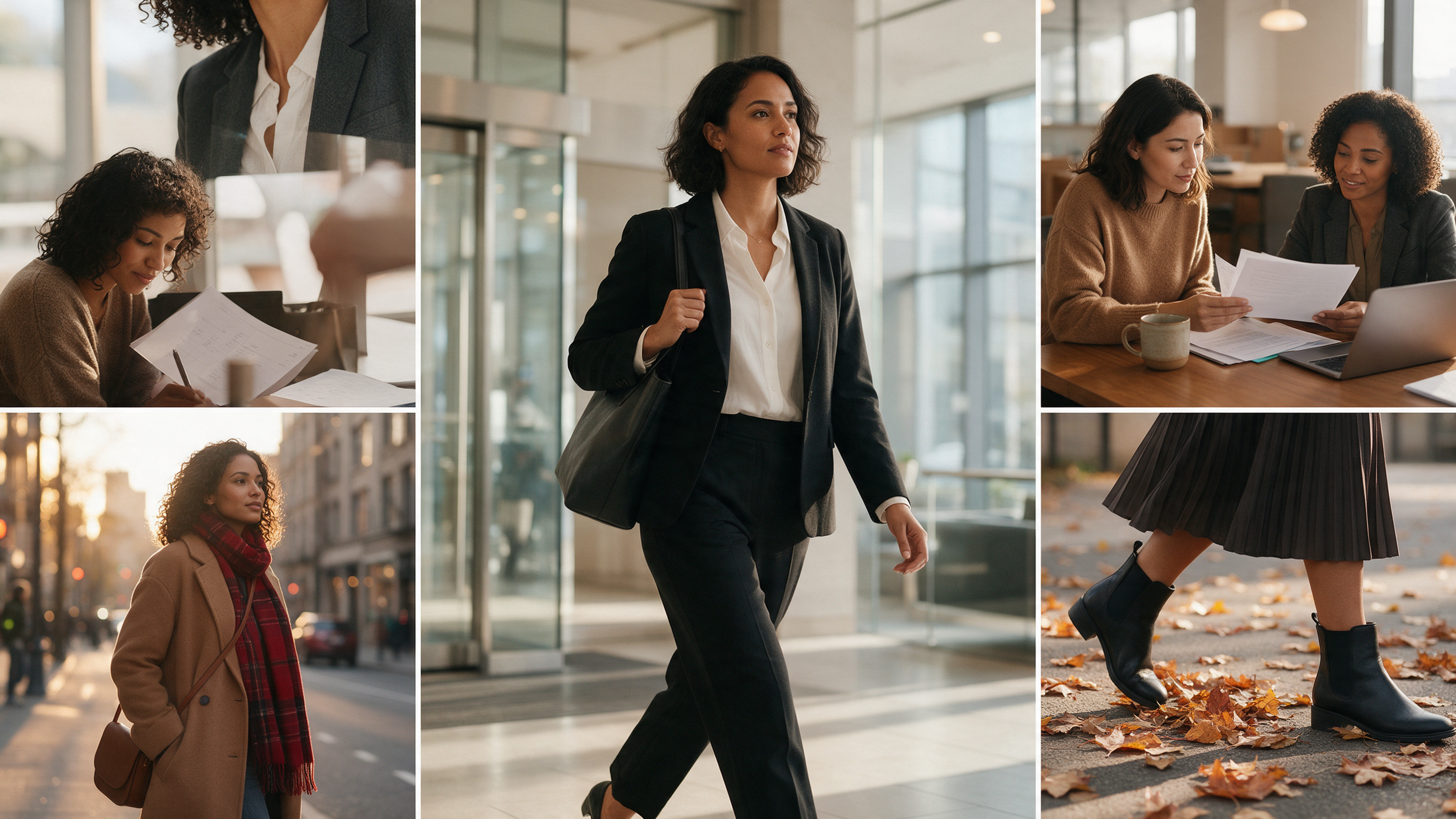 Fall office outfit from the capsule wardrobe: black blazer, white button-down, black tailored trousers, and ankle boots