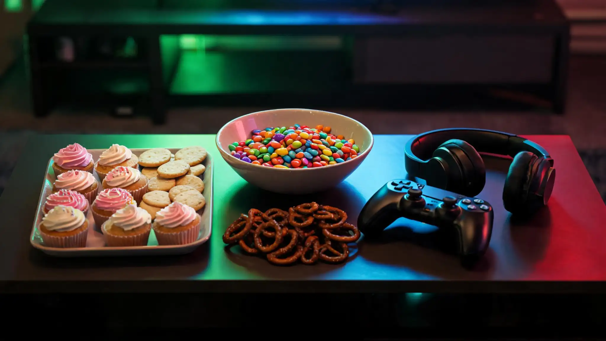 BlizzCon watch party dessert board with controller and LED lights