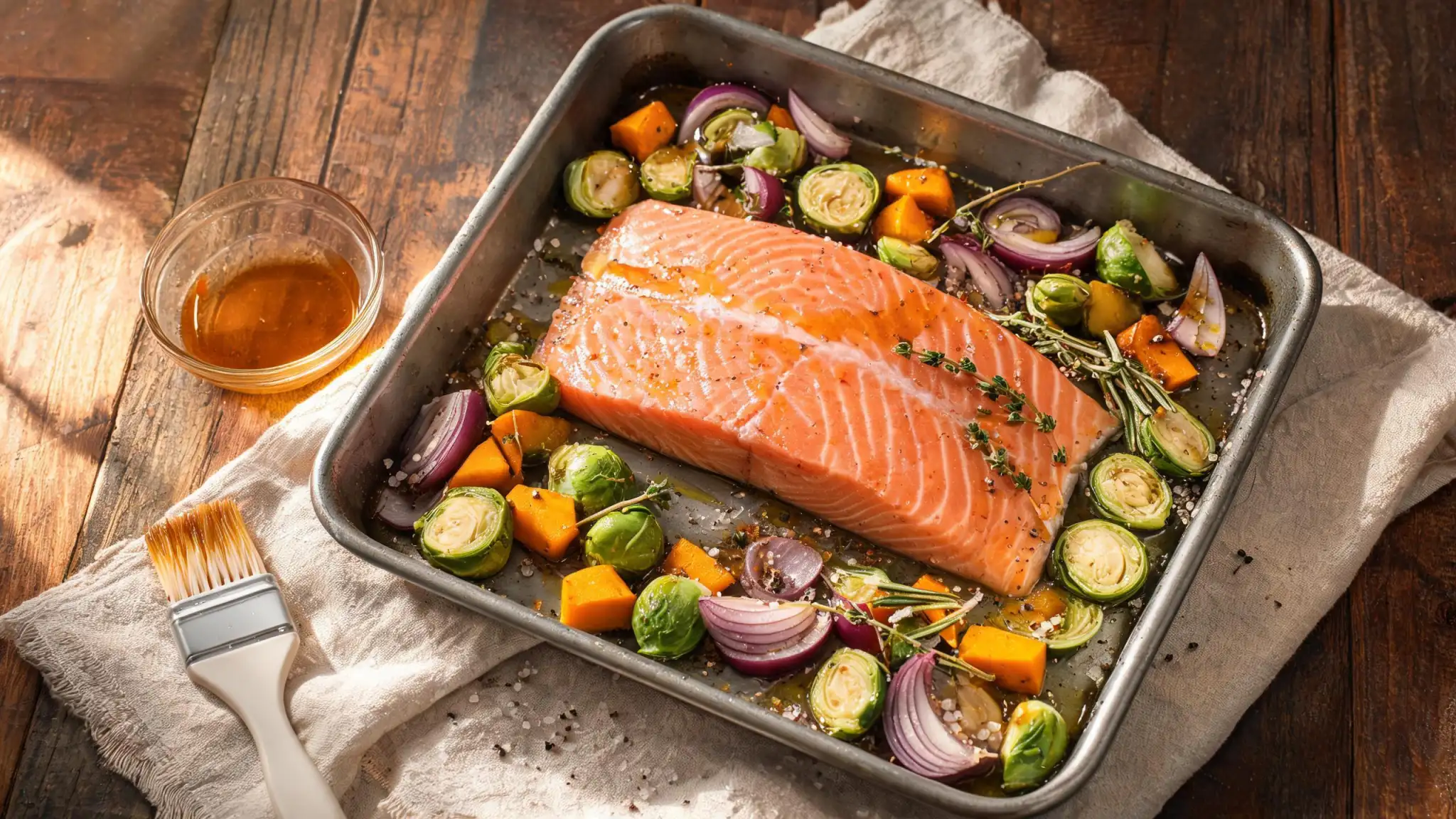 Maple glazed sheet-pan salmon with brussels sprouts and roasted autumn vegetables