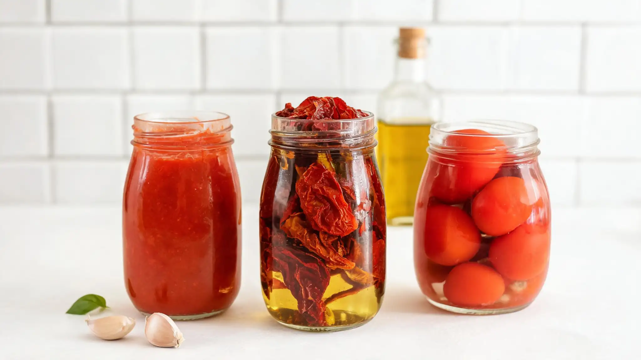 Glass jars of freezer tomato sauce and quick-pickled cherry tomatoes on a clean white shelf