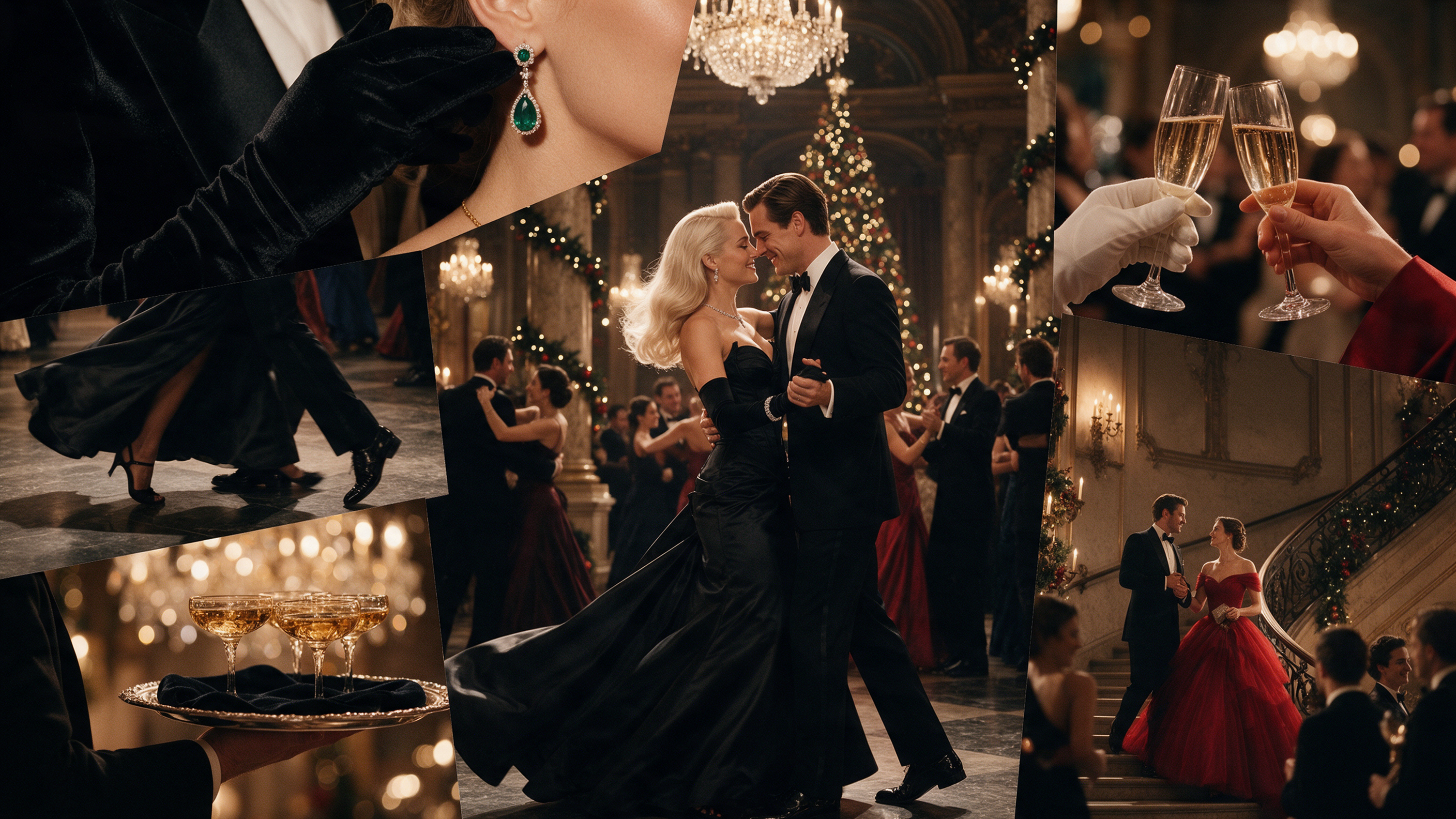 Woman in a floor-length black velvet one-shoulder gown with opera gloves arriving at a black-tie Christmas gala with elegant décor
