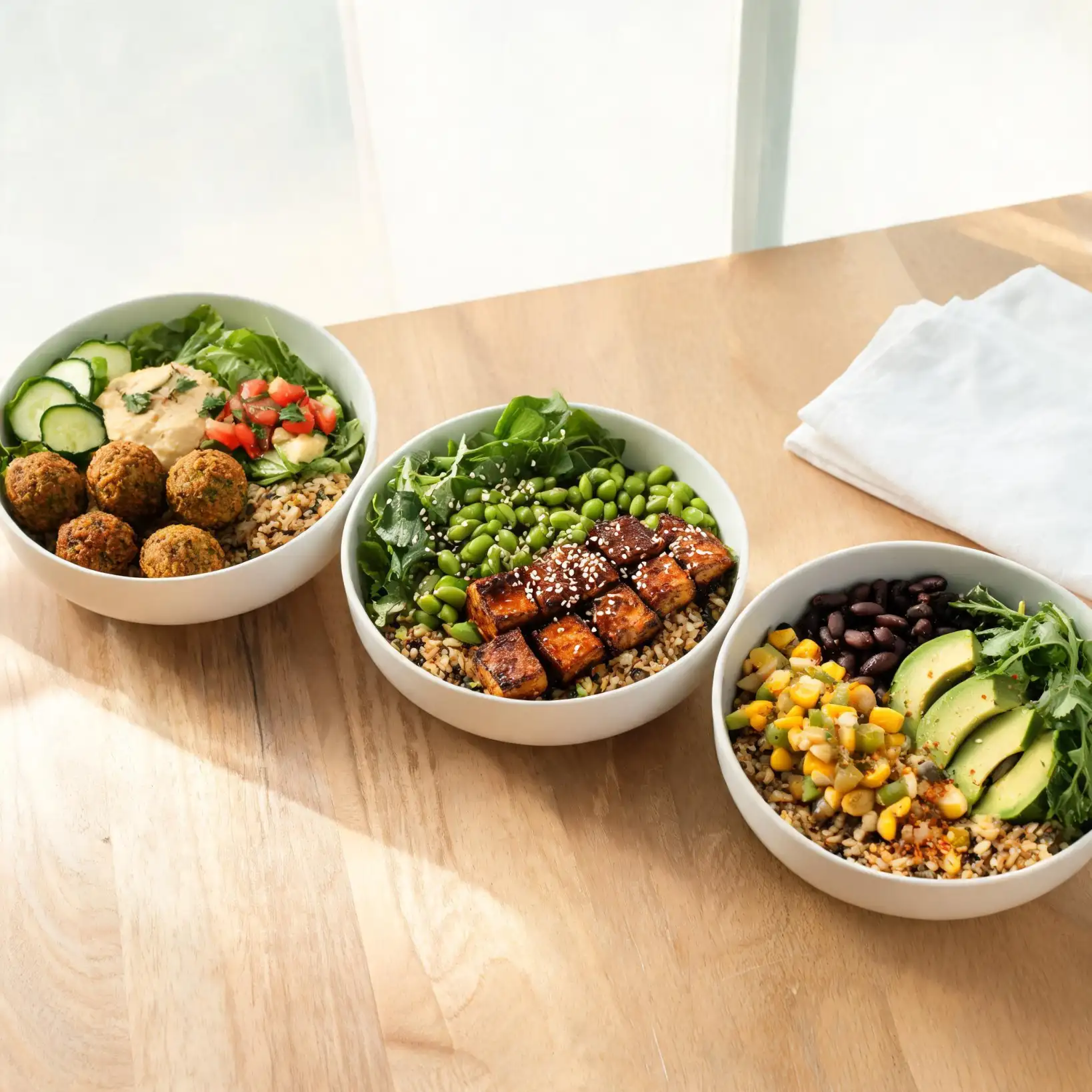Colorful assembled grain bowls and buddha bowls on a light wooden table