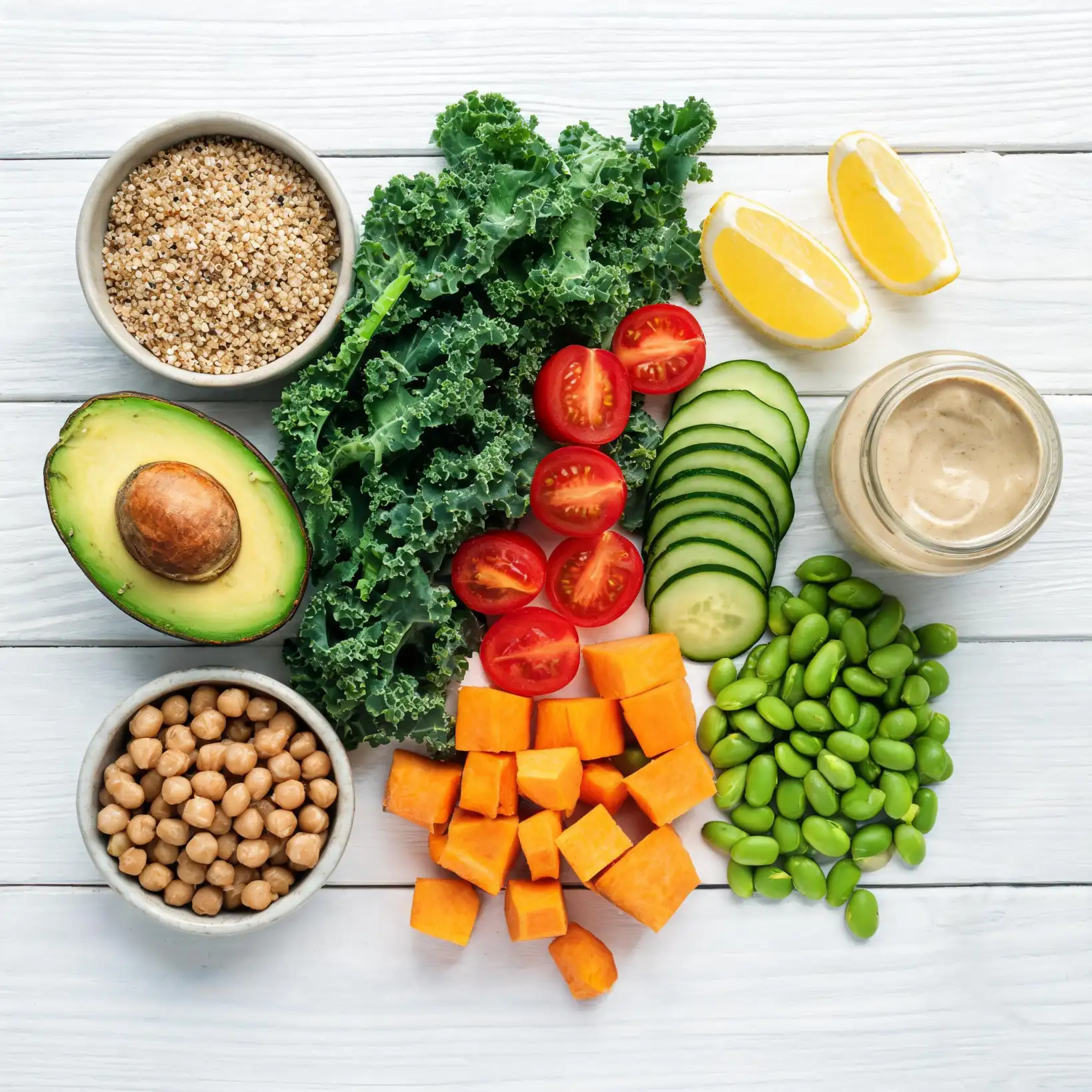 Fresh grain bowl ingredients laid out on a white marble countertop