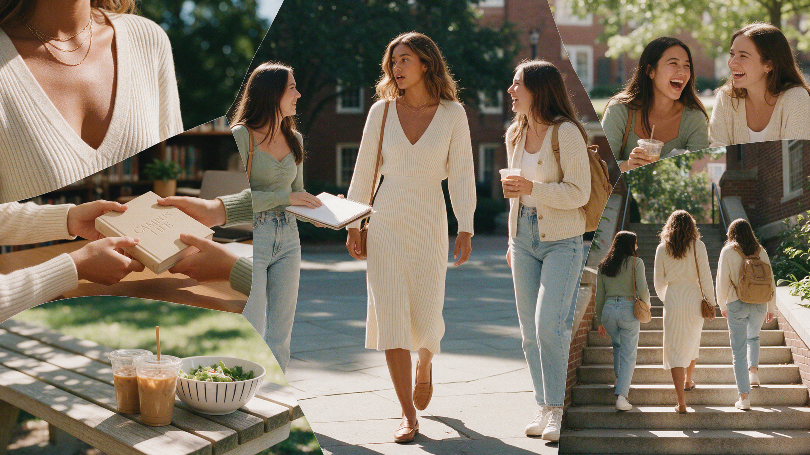 Young women in day dresses with v-neck and sweetheart necklines chatting over lunch on a bright American college campus — casual daytime dress styling