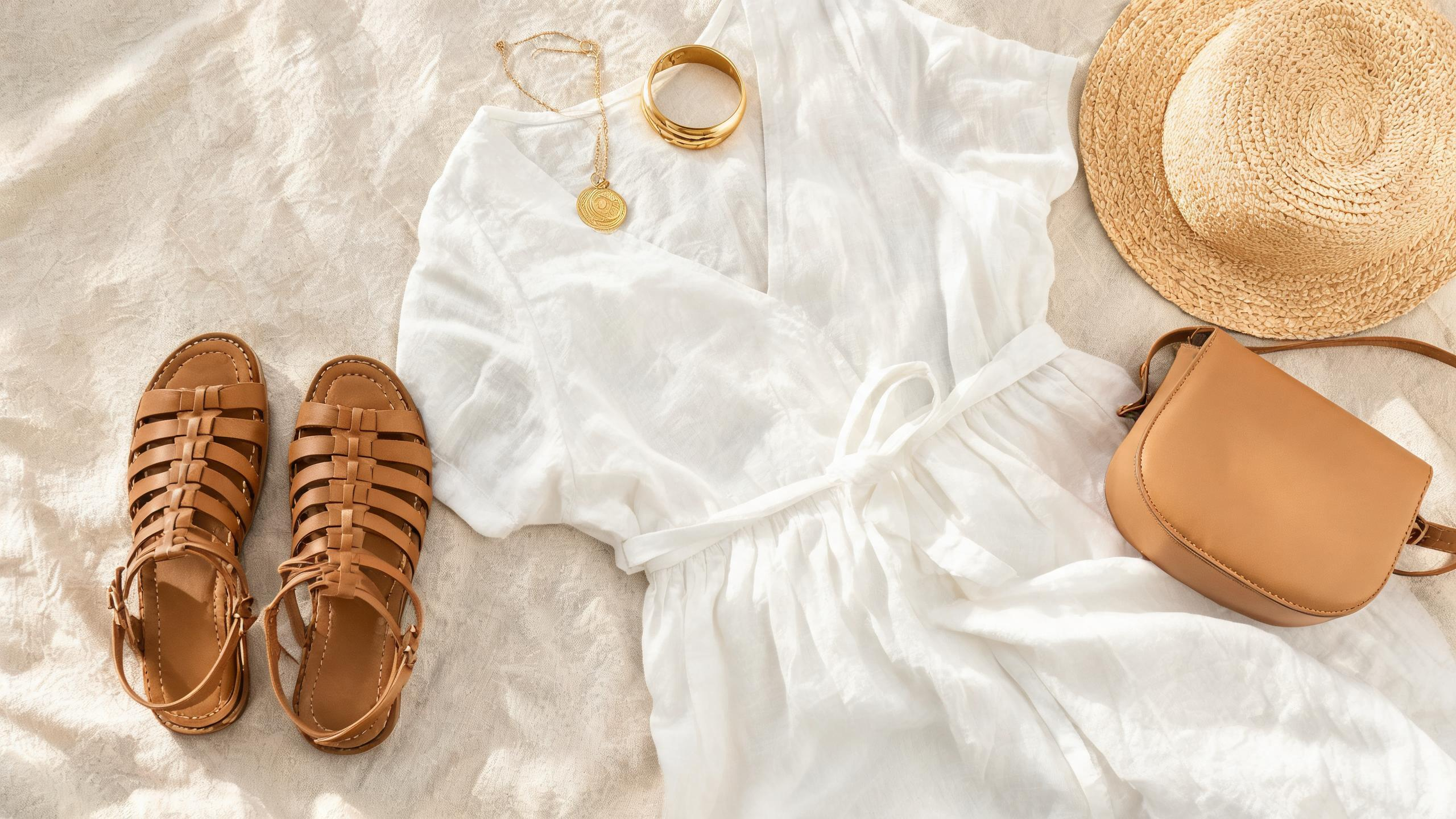 Aegean white linen dress with gladiator sandals and gold cuff, styled for a Greek island ferry day.