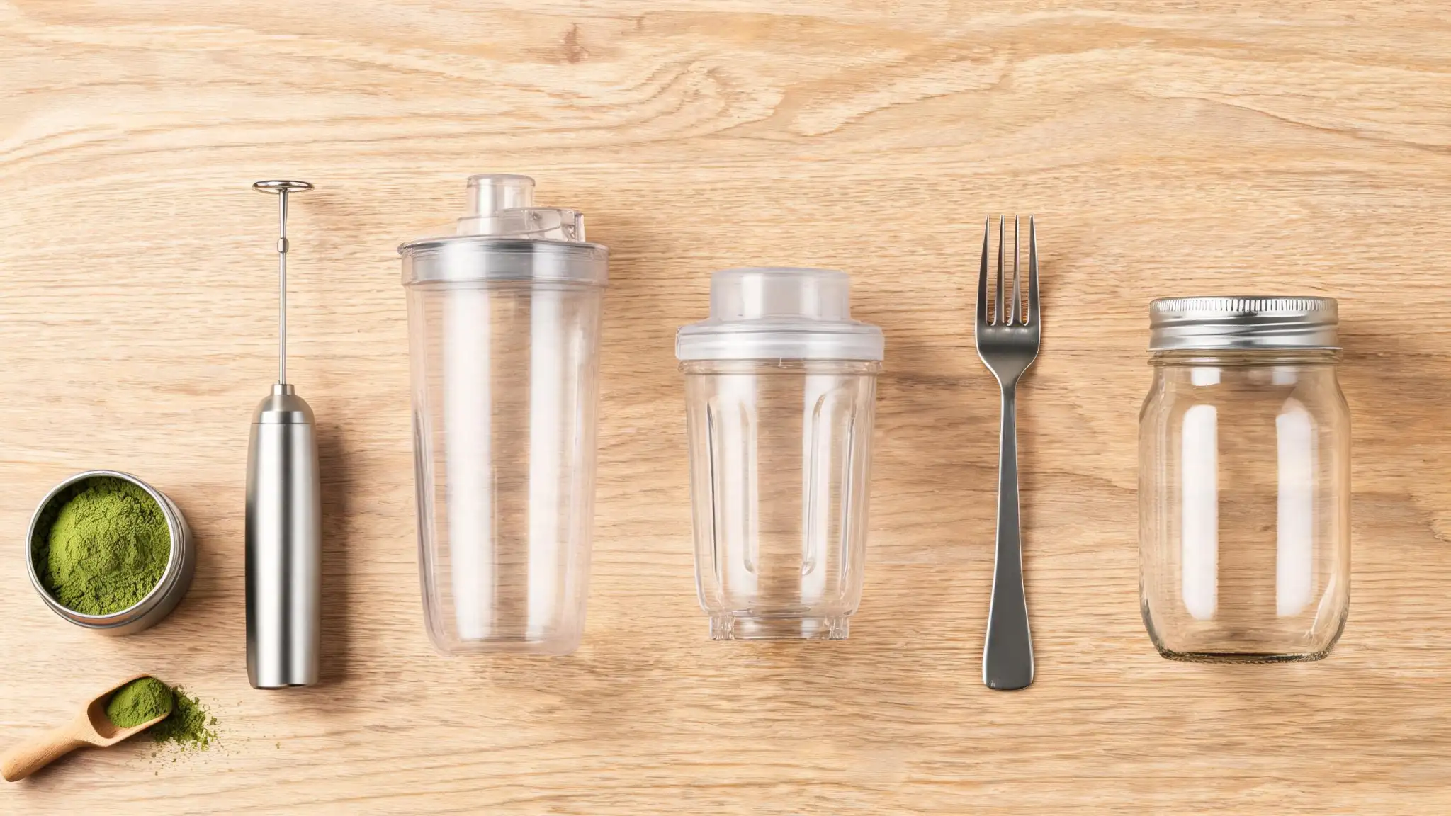 Flat lay of five no-whisk matcha tools ranked: electric milk frother, shaker bottle, blender jar, fork, and mason jar around an open matcha tin
