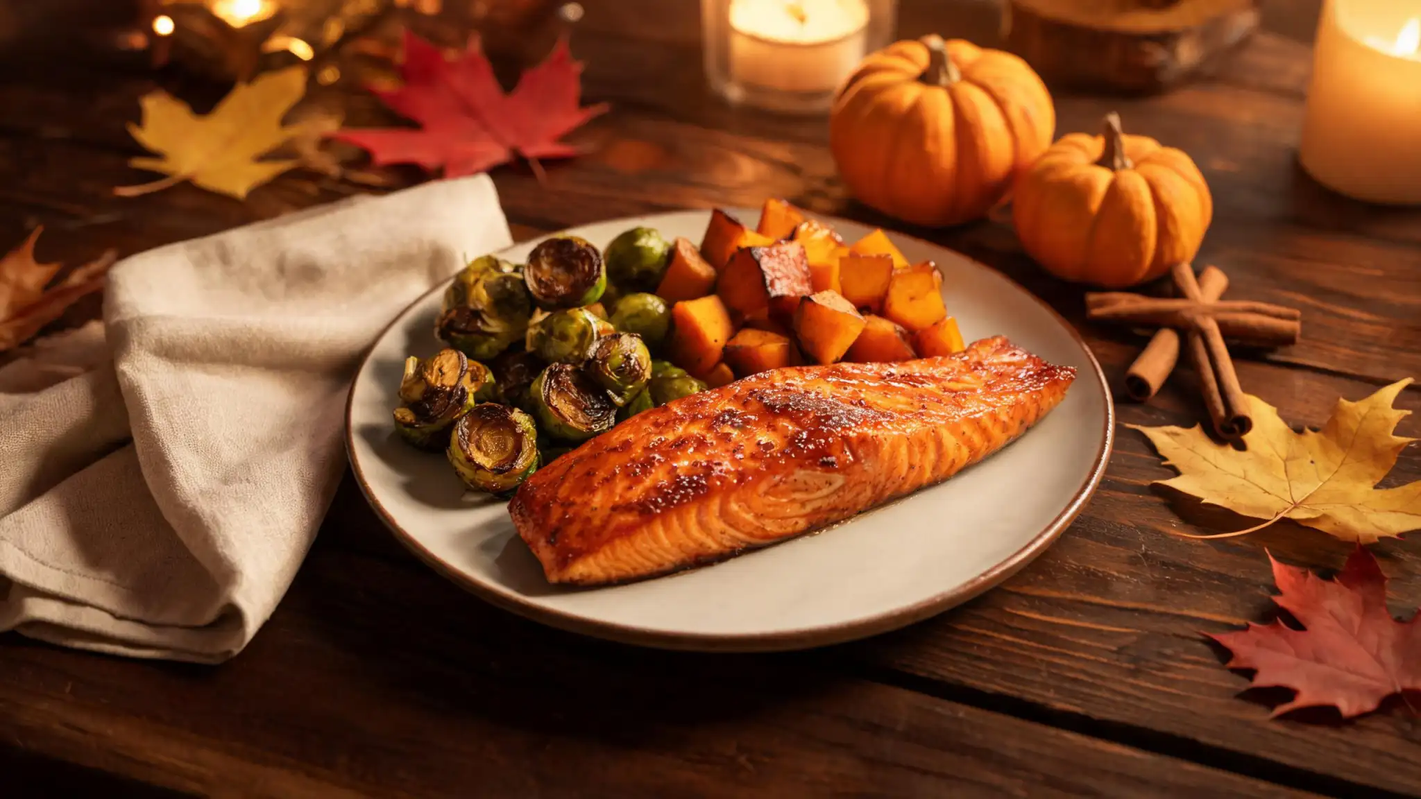 Salmon with roasted butternut squash and seasonal fall vegetables