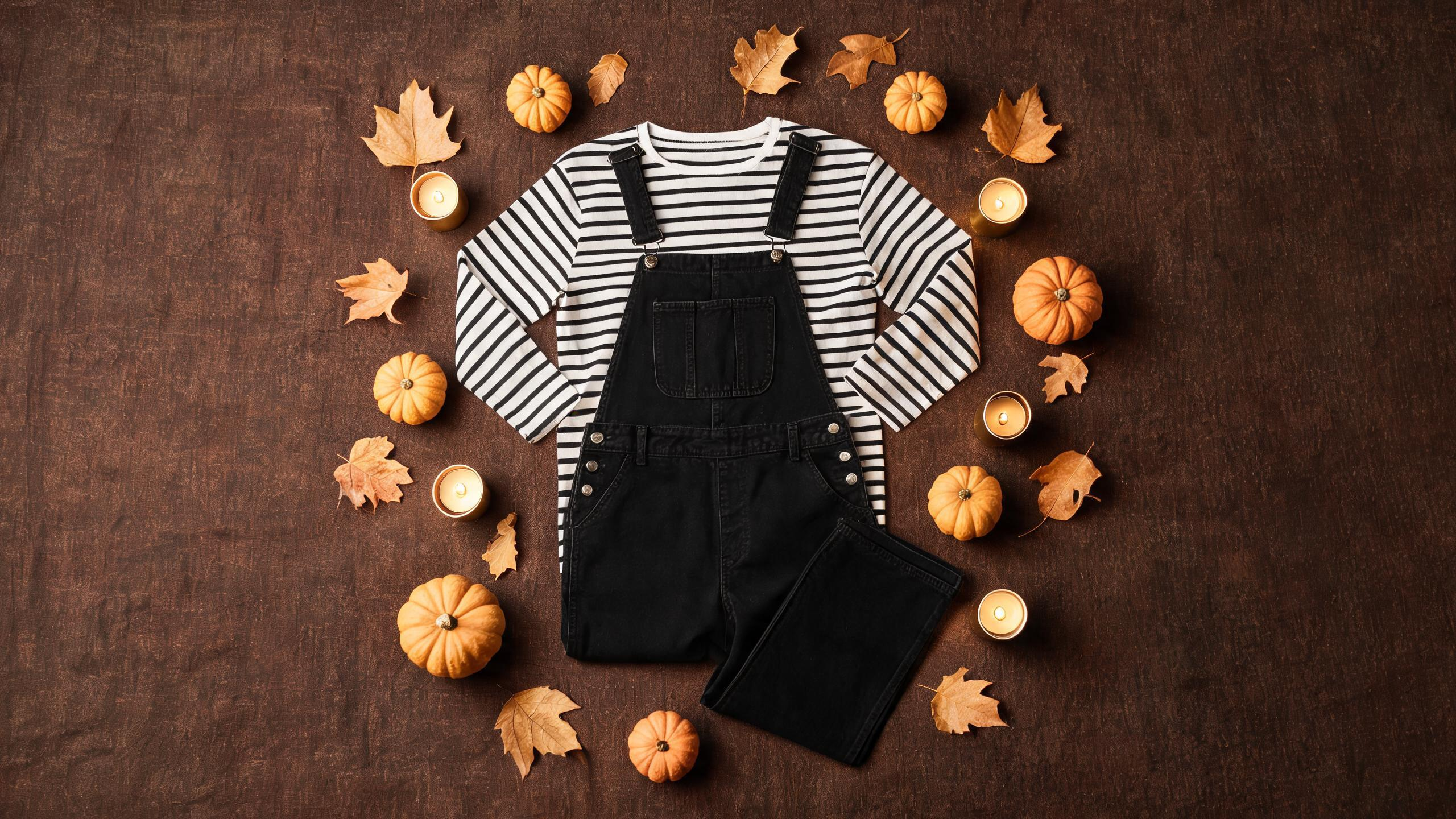 Chucky-inspired Halloween outfit with striped top, utility overalls, and red sneakers
