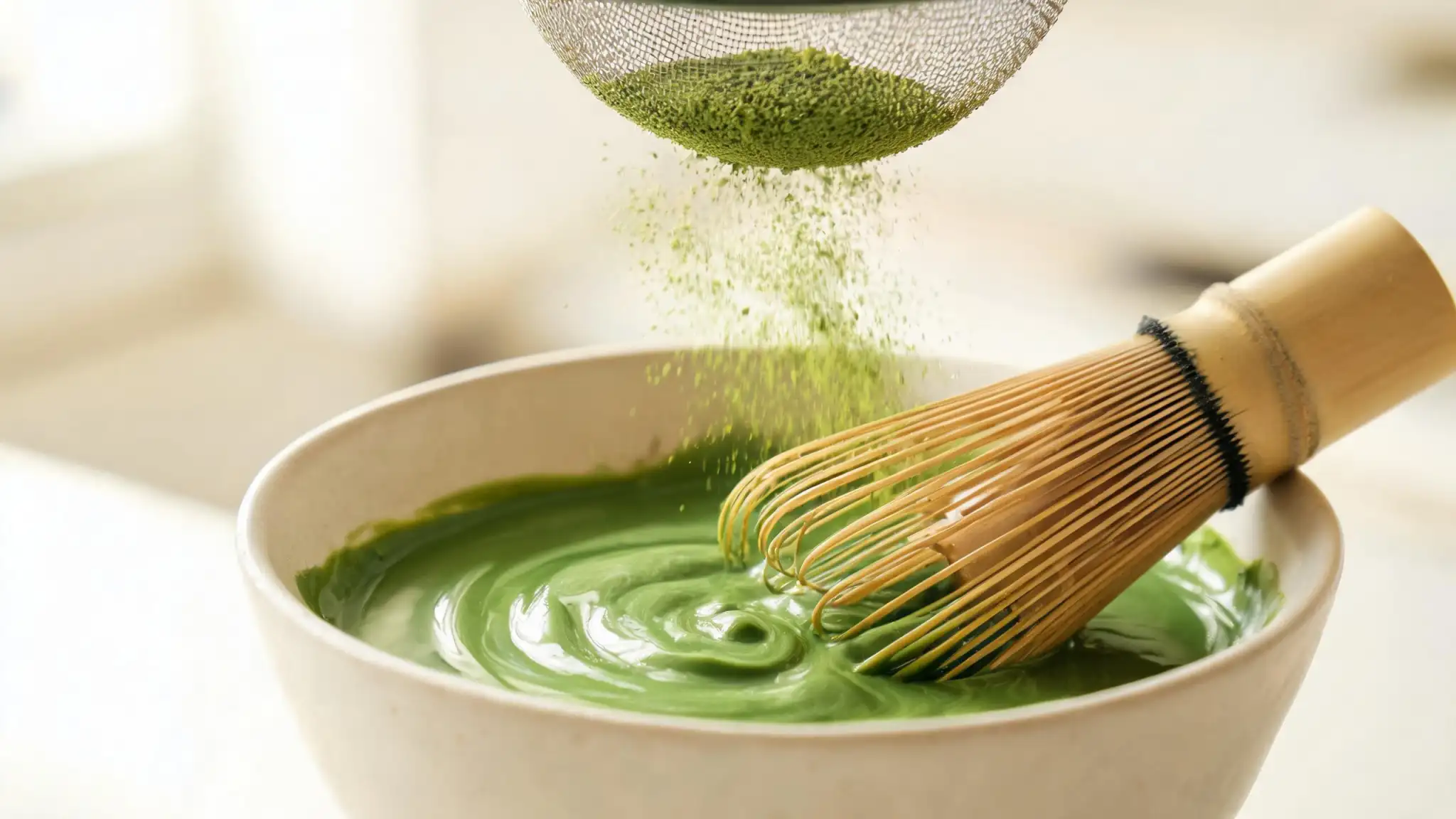 Sifting matcha powder through a fine mesh strainer and whisking it into a smooth glossy paste with a bamboo whisk
