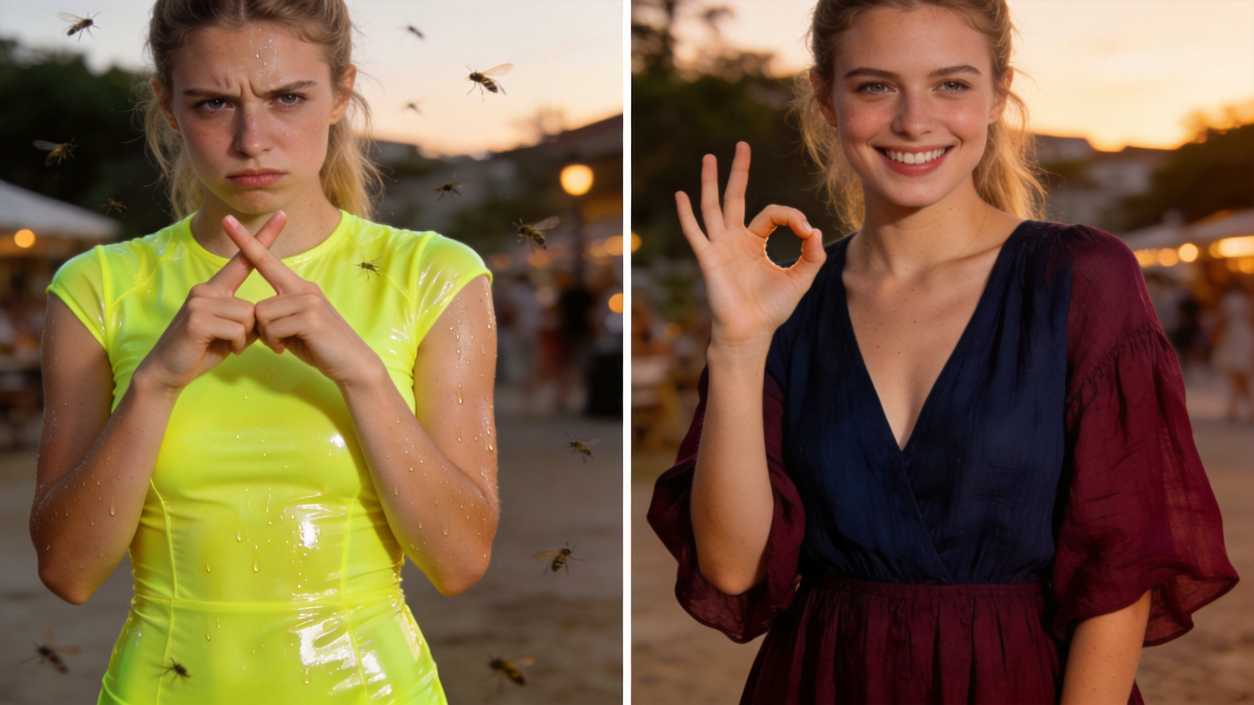Summer date night fabric and color comparison: breathable linen versus synthetic polyester, and low-saturation navy versus bright yellow bug-attracting color