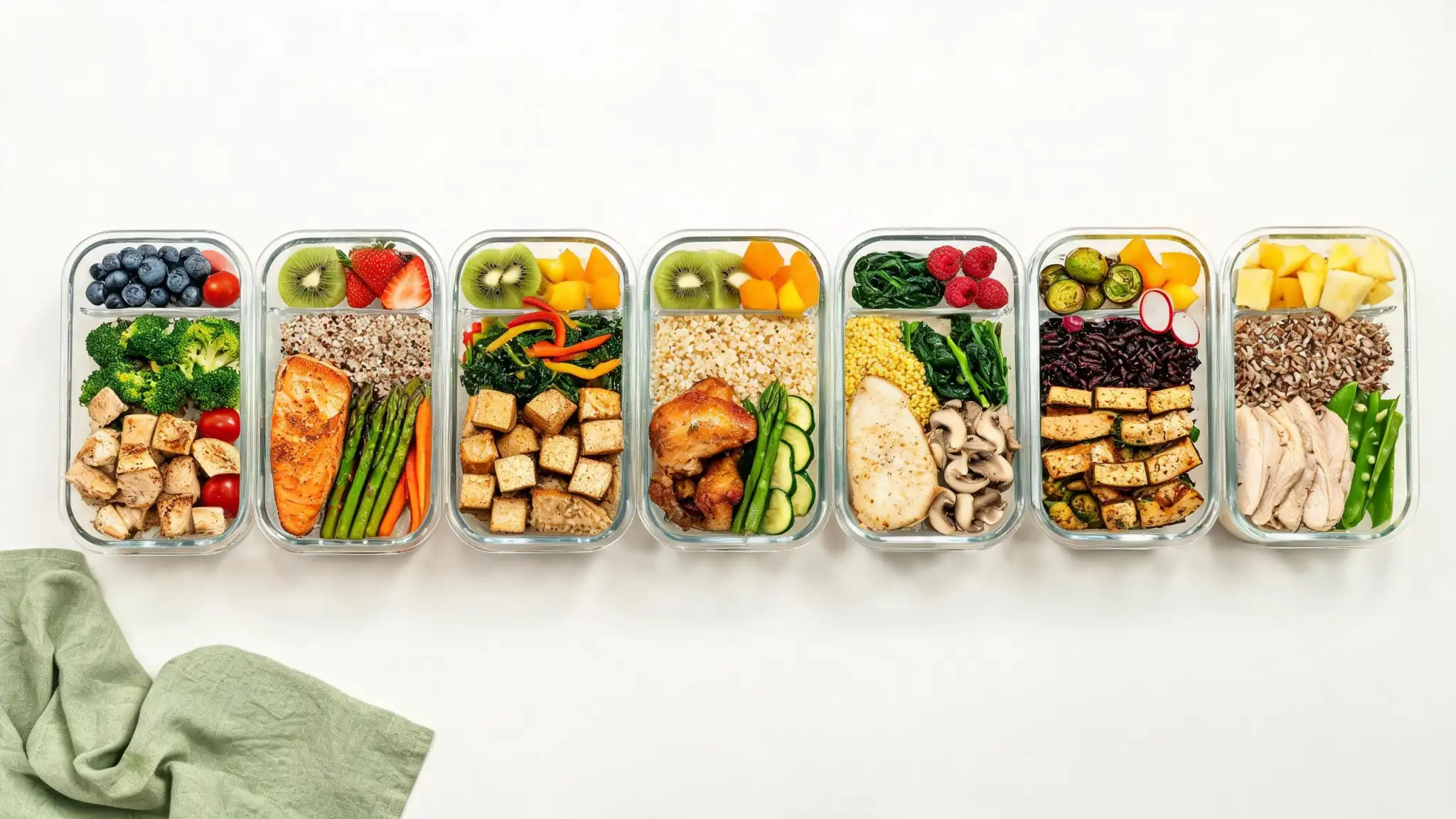 Freezer-safe meal prep containers arranged for rotating shift schedules.