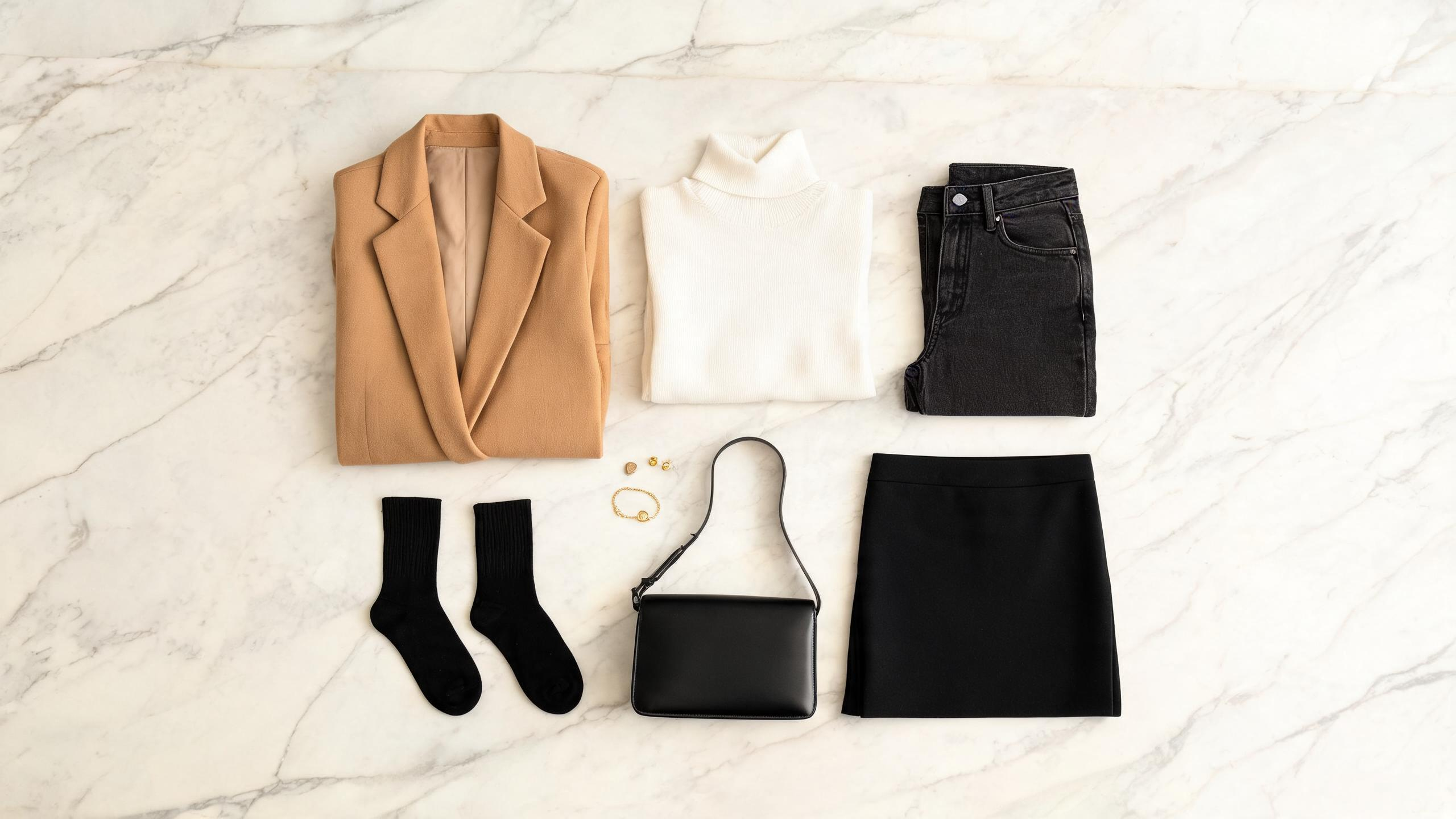 Flat lay of a curated petite capsule wardrobe on a white background: high-waisted jeans, tailored blazer, fitted turtleneck, midi skirt, ankle boots, crossbody bag, gold minimal jewelry, soft neutral color palette