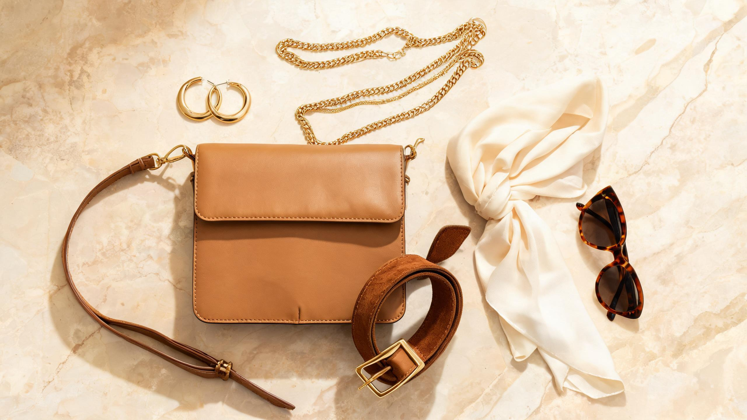 A curated flat lay of fashion accessories including leather handbags, gold jewelry, sunglasses, and belts arranged in warm earth tones and gold accents